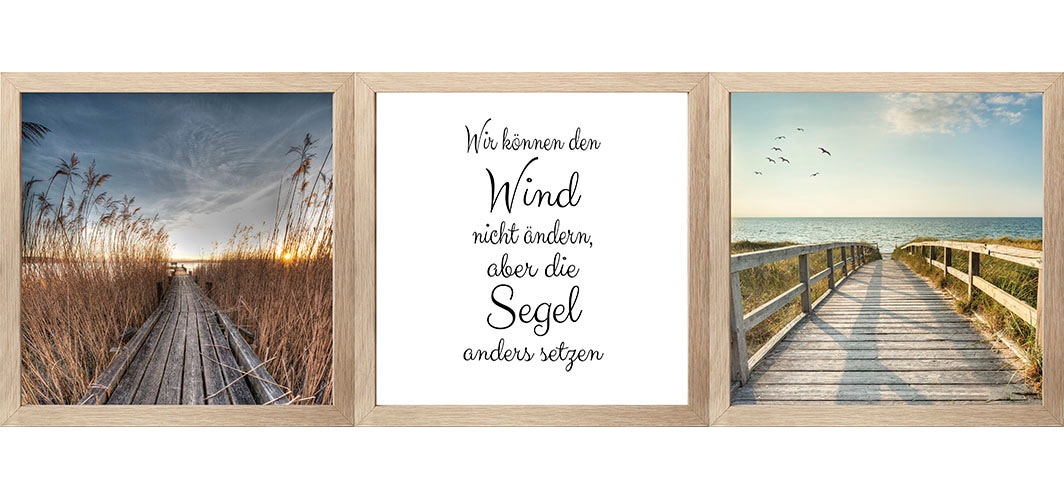Bönninghoff Bild mit Rahmen, Steg-Strand-Sprüche & Texte-Natur-Meer Bilder-Landschaft-Wiesen & Baumbilder-Schriftzüge-See, (3 St.)