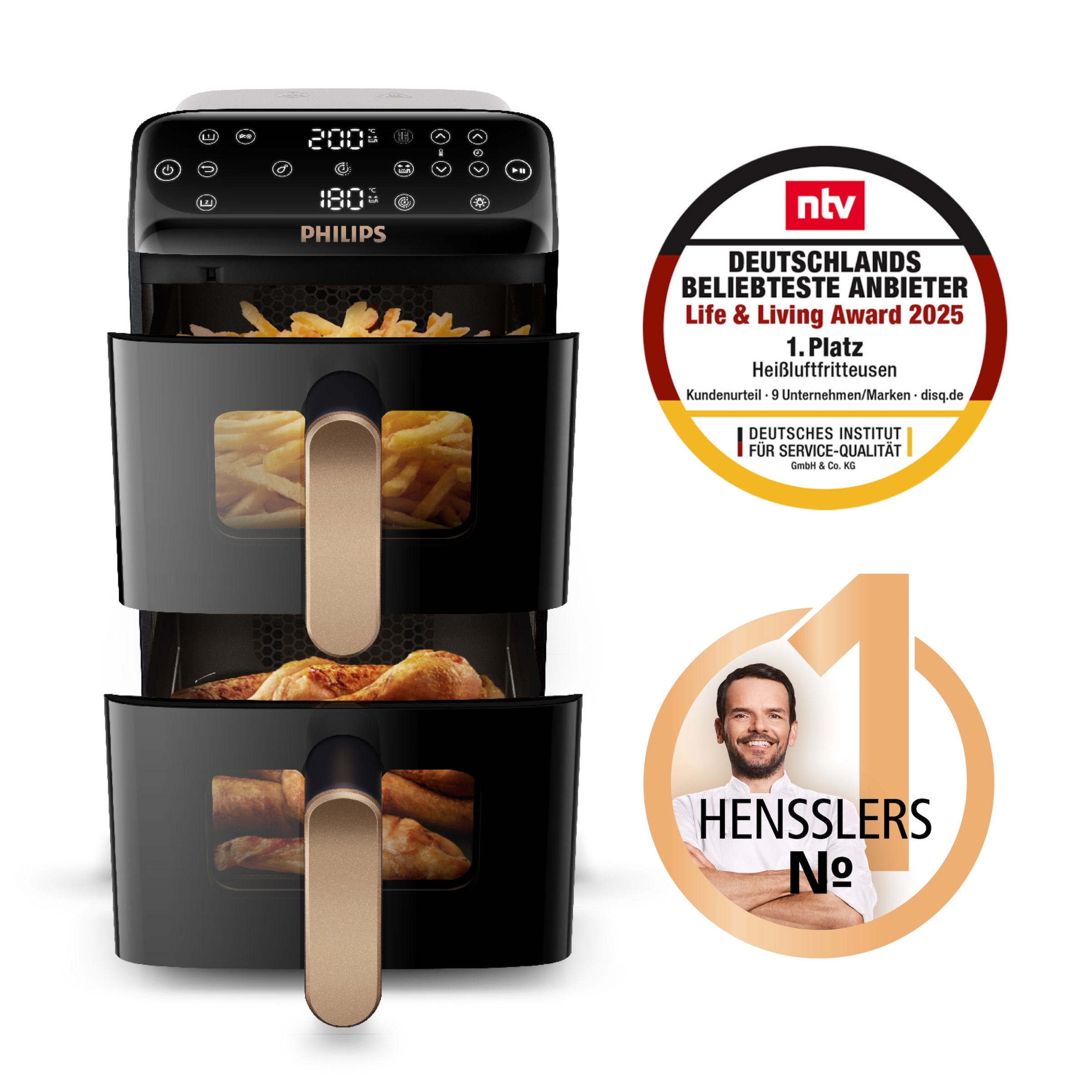 Philips Heißluftfritteuse »NA462/80 4000 Series Stacked Dual Basket und 10L Kapazität (5+5L)« 2750 W Fassungsvermögen 0 l RapidAir Technologie; Weiß/Beige, kupfer Griff