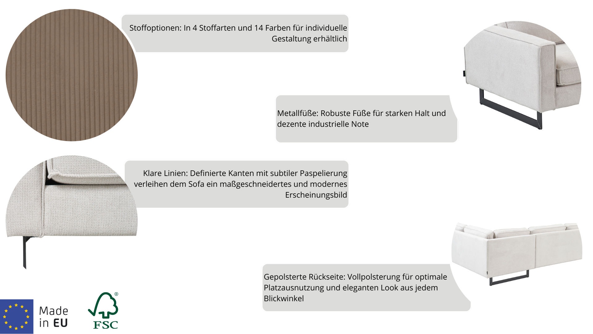 Places of Style Ecksofa »Pinto, 290 cm, Ottomane links / rechts«, Cord, Feincord, Luxus-Microfaser Leder und Chenille