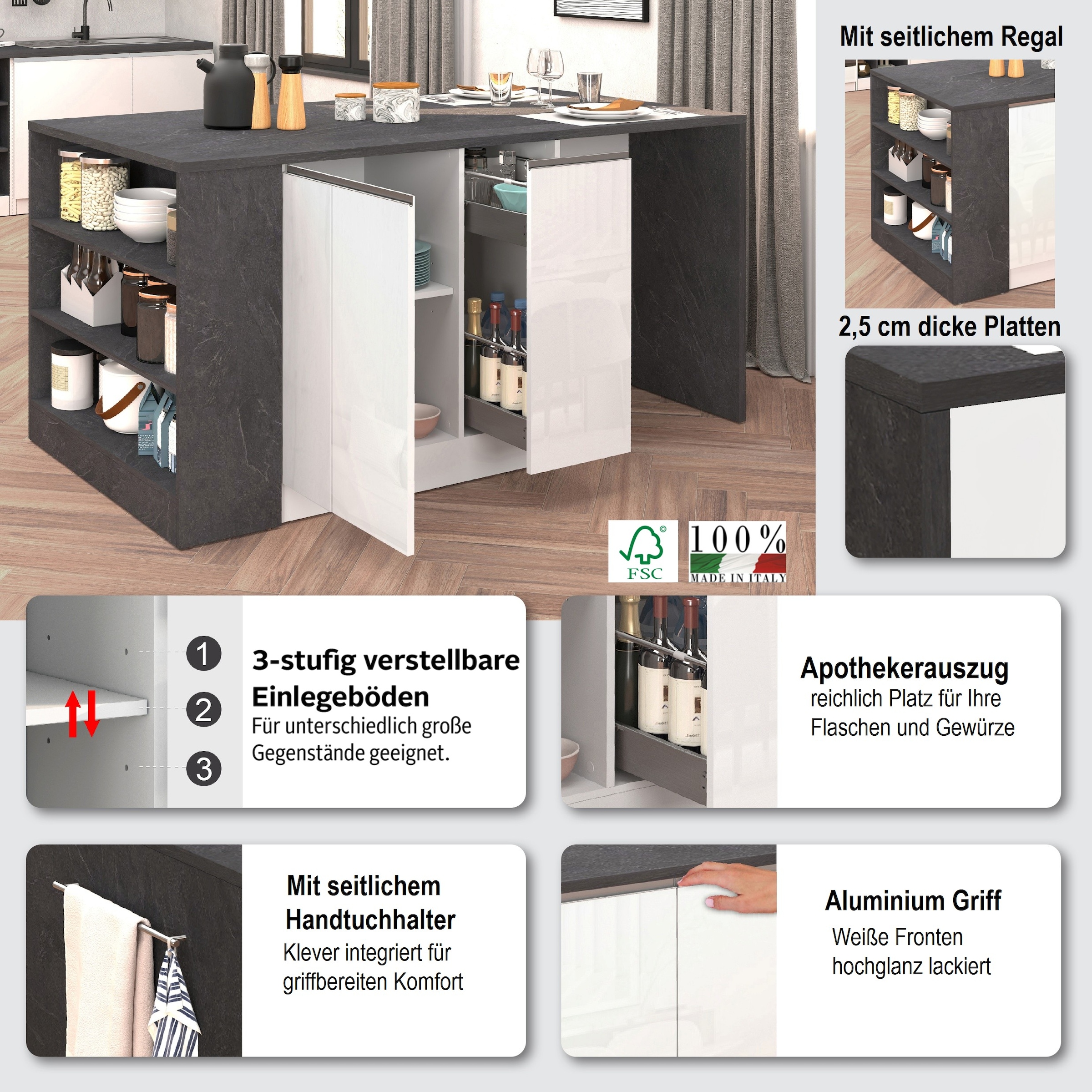 KOCHSTATION Kücheninsel »KS-Sole, Kochinsel, Küchenarbeitsblock, Arbeitsinsel, Made in Italy«, Breite 167,5 cm, 2 Apothekerauszüge, 2 Essplätze, 1 offenes Regal