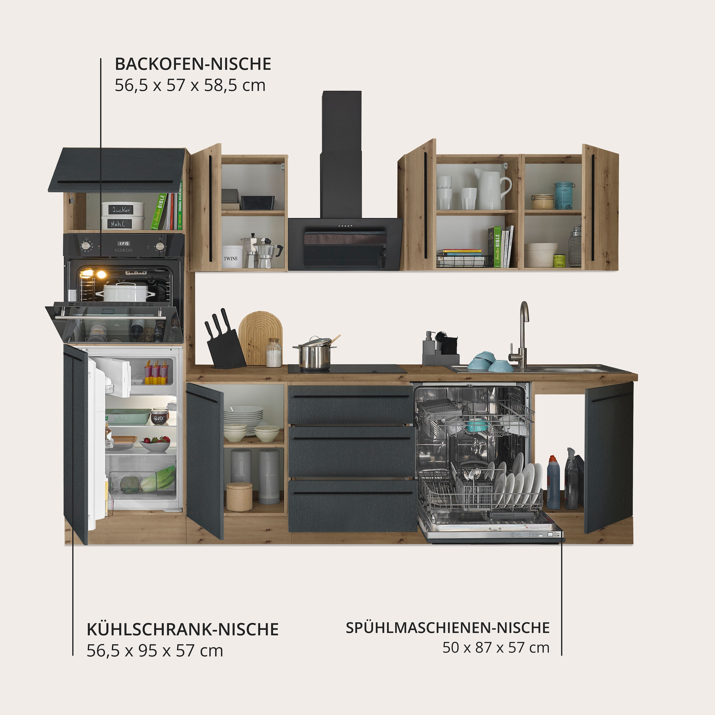 KOCHSTATION Küchenzeile »Florida« Breite 280 cm, wahlweise mit E-Geräten,Softclose für Türen/Schubkästen