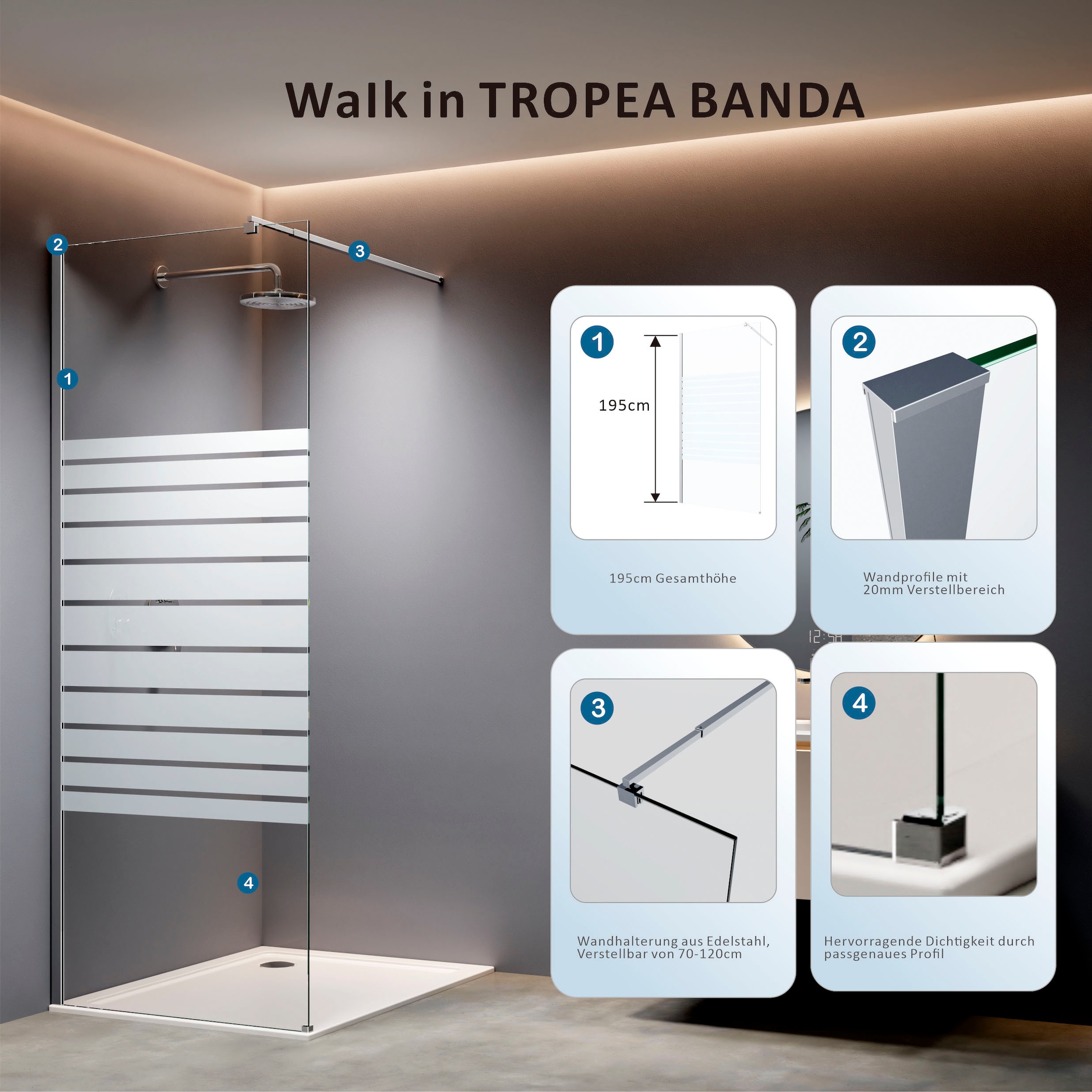 welltime Walk-in-Dusche »Nassau Single« 8mm Starke Scheibe mit Streifendekor