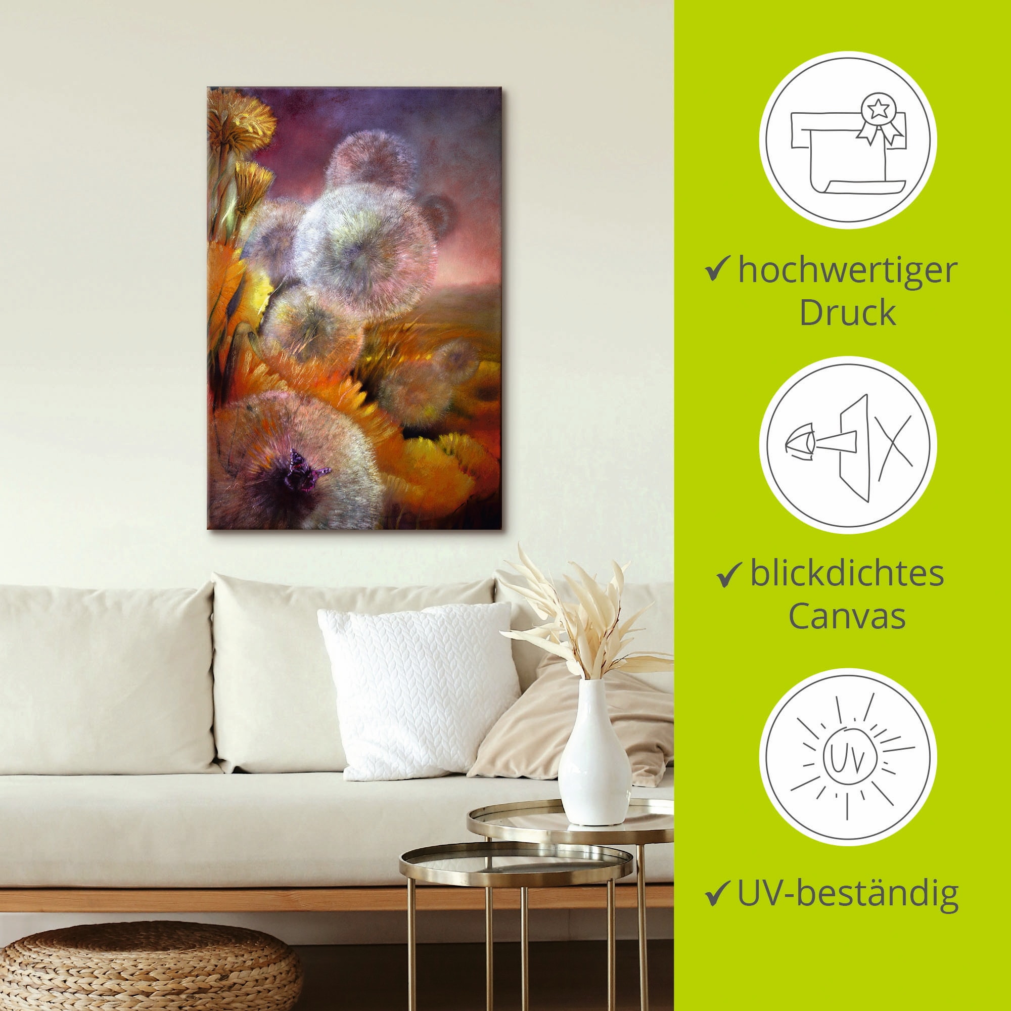 Artland Wandbild »Löwenzahn und Schmetterling« 1 Stk. tlg. als Leinwandbild, Poster in verschied. Größen