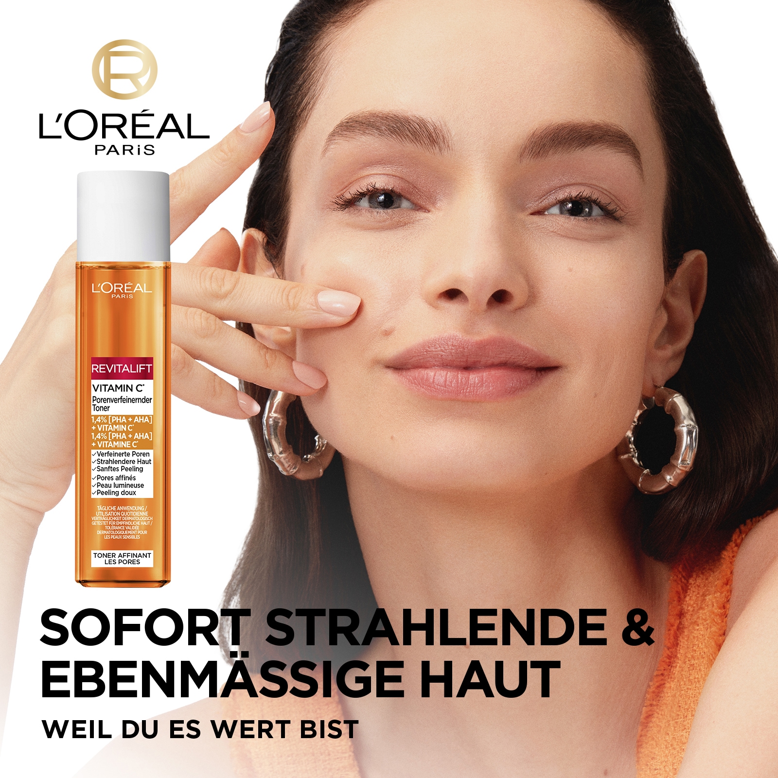 L'ORÉAL PARIS Gesichtsfluid »L'Oréal Paris Vitamin C Porenverfeinernder Toner«, 1.4% PHA & AHA sorgen für sanftes Peeling, auch für empfindliche Haut.