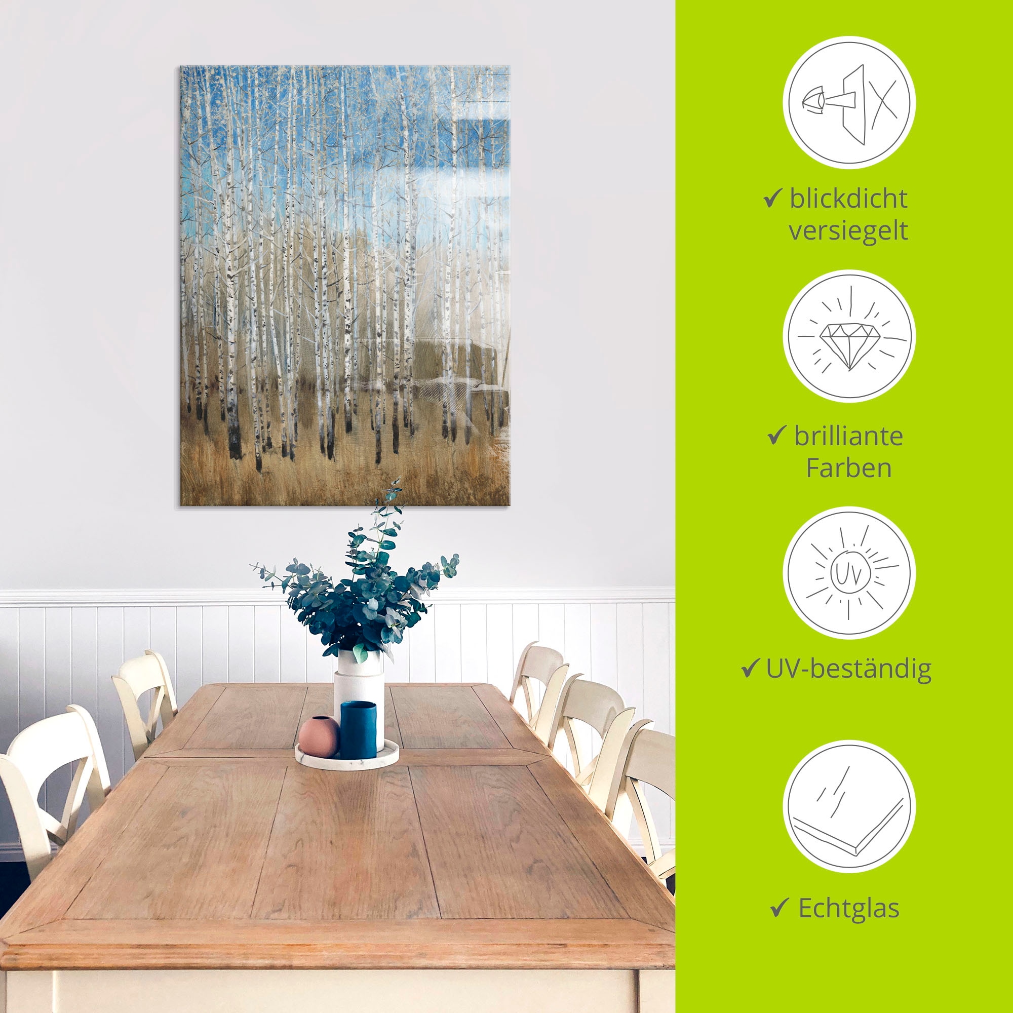 Artland Glasbild »Staubige blaue Birken II«, Wald, (1 St.), in verschiedenen Größen
