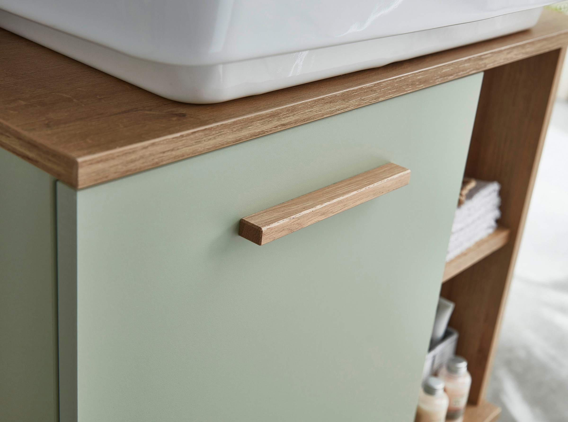 Saphir Waschbeckenunterschrank »Quickset 963 Unterbeckenschrank, Salbei Nachbildung, 1 Tür«, Waschbeckenschrank inkl. Türdämpfer, 60,5 cm breit, ohne Waschbecken