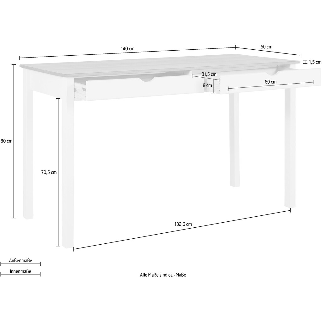 INOSIGN Schreibtisch »Gava«, aus massiven Kiefernholz, mit praktischen Griffmulden, Breite 140 cm