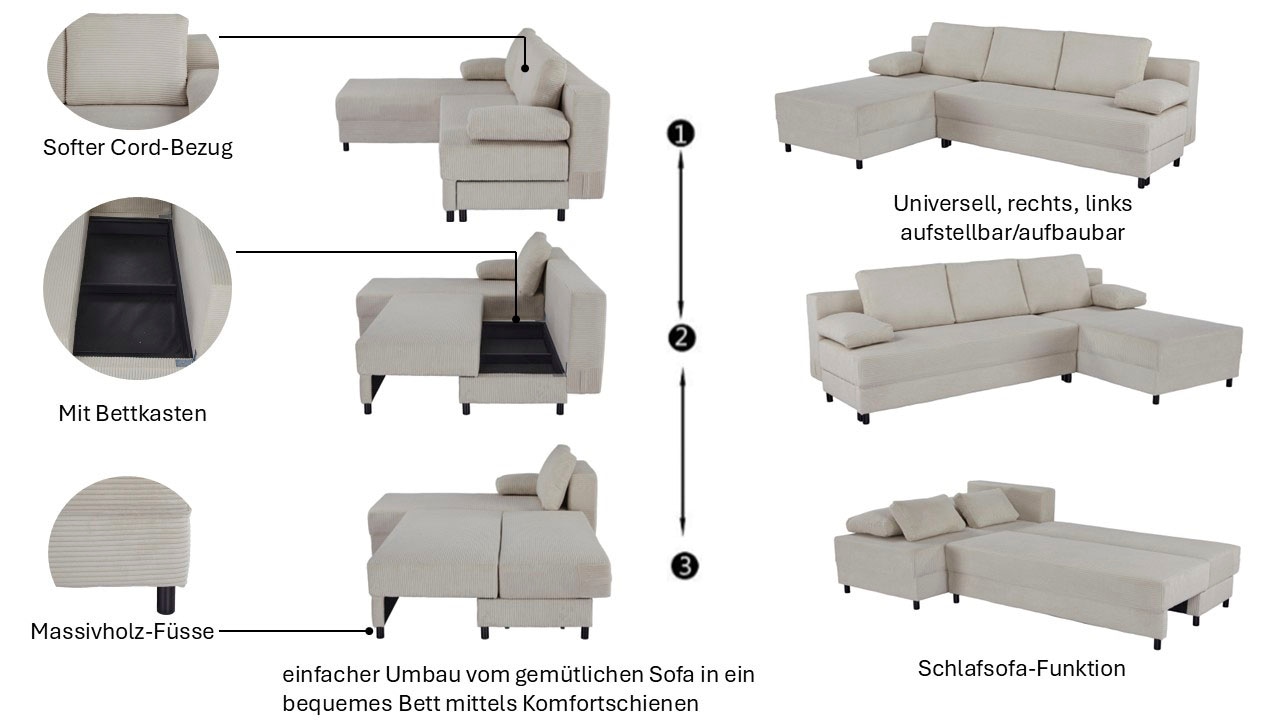 OTTO home Schlafsofa »ONNIKO Ecksofa L-Form Cord, Breite: 240 cm, softer Cord-Bezug« mit Bettfunktion & Bettkasten (Liegefläche 120/240 cm)