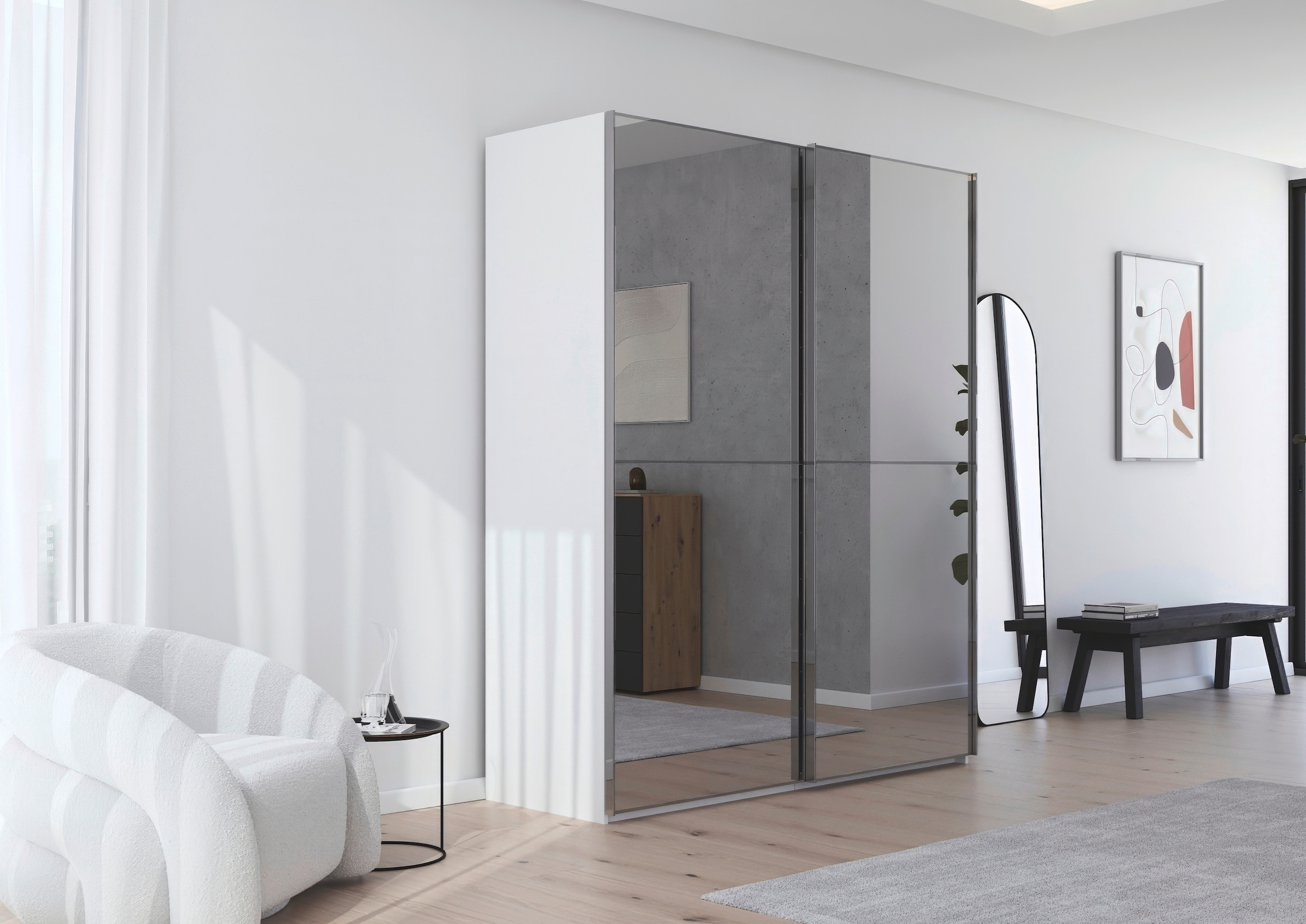 rauch Schwebetürenschrank »Kleiderschrank Schrank Garderobe Schlafzimmerschrank SCALE-DUO« edle zweigeteilte Türen Spiegelfront und 3 Zierleisten MADE IN GERMANY