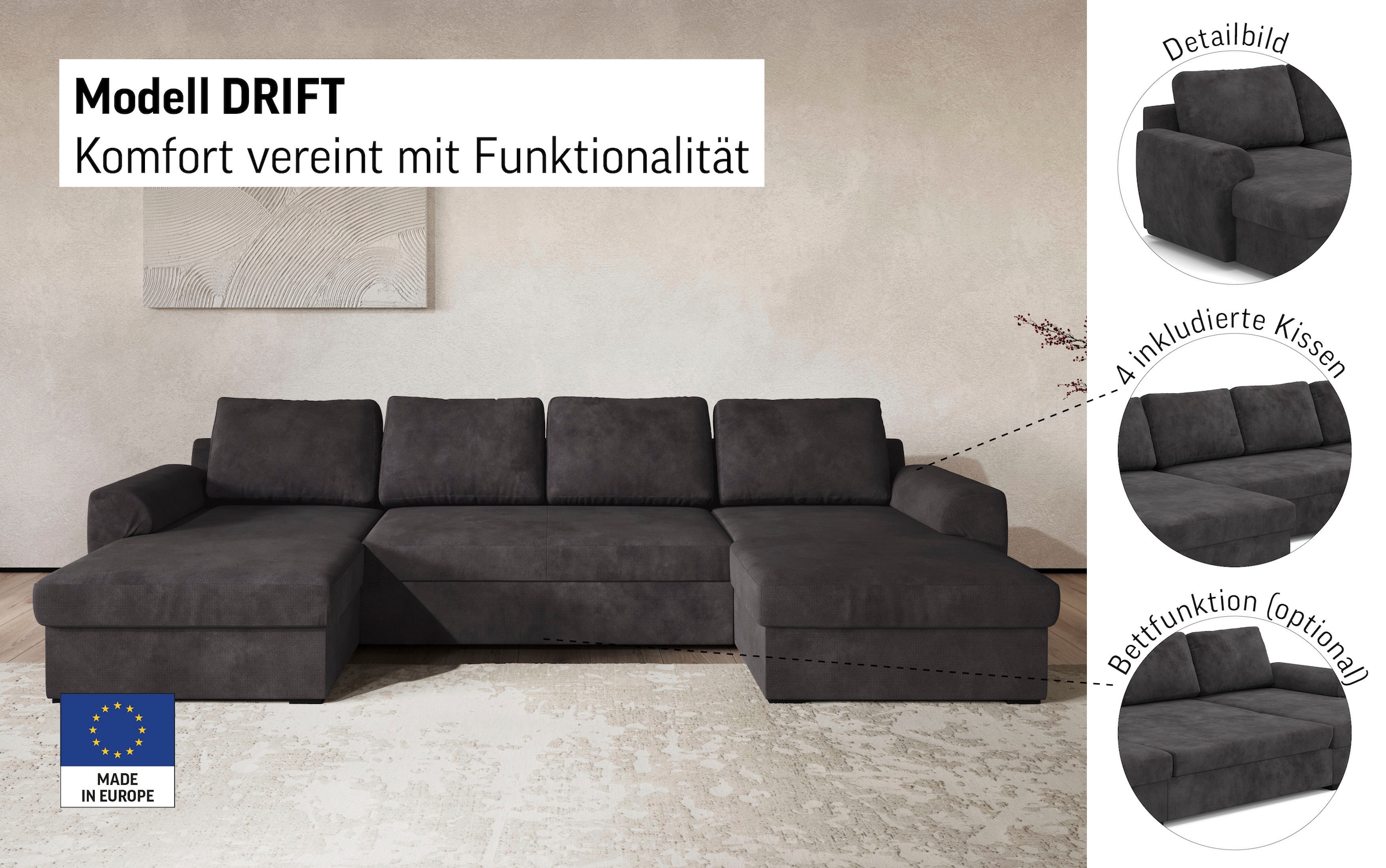 COTTA Wohnlandschaft »Drift U-Form Recamiere, Breite 327 cm« optional auch mit Schlaffunktion, Wellenunterfederung