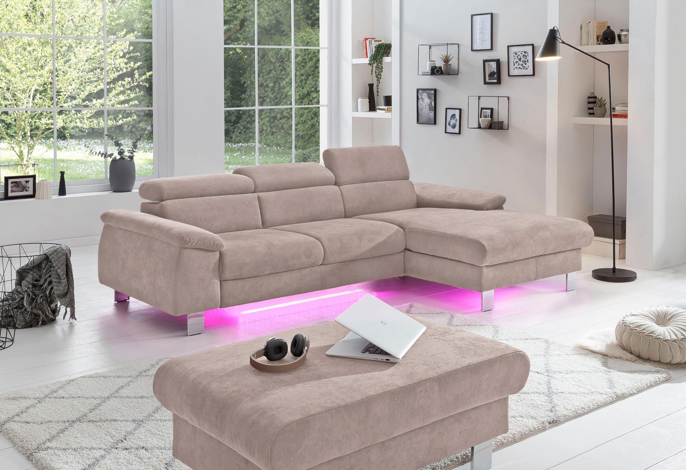 COTTA Ecksofa Komaris, Ecksofa, wahlweise mit RGB-LED-Beleuchtung und Bettfunktion/Bettkasten