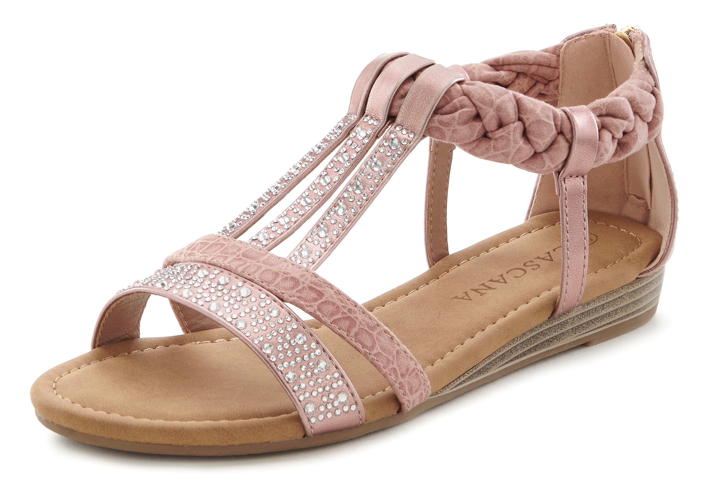 LASCANA Sandale »Sommerschuh, Sandalette«, mit Glitzersteinen und kleinem Keilabsatz im Festival-Look VEGAN
