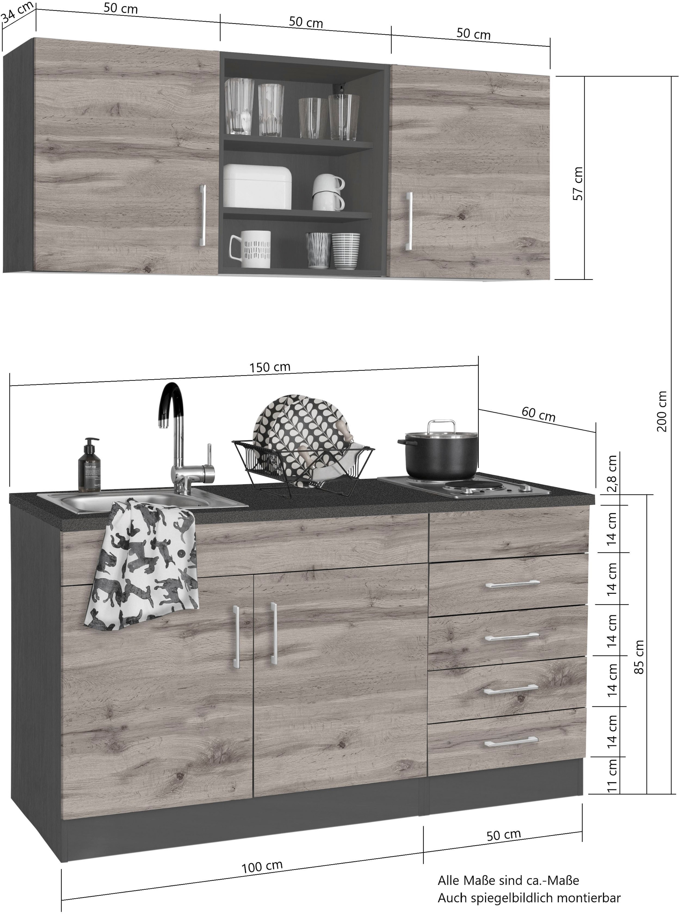 KOCHSTATION Pantryküche »KS-Mali« Breite 150 cm, wahlweise mit E-Geräten