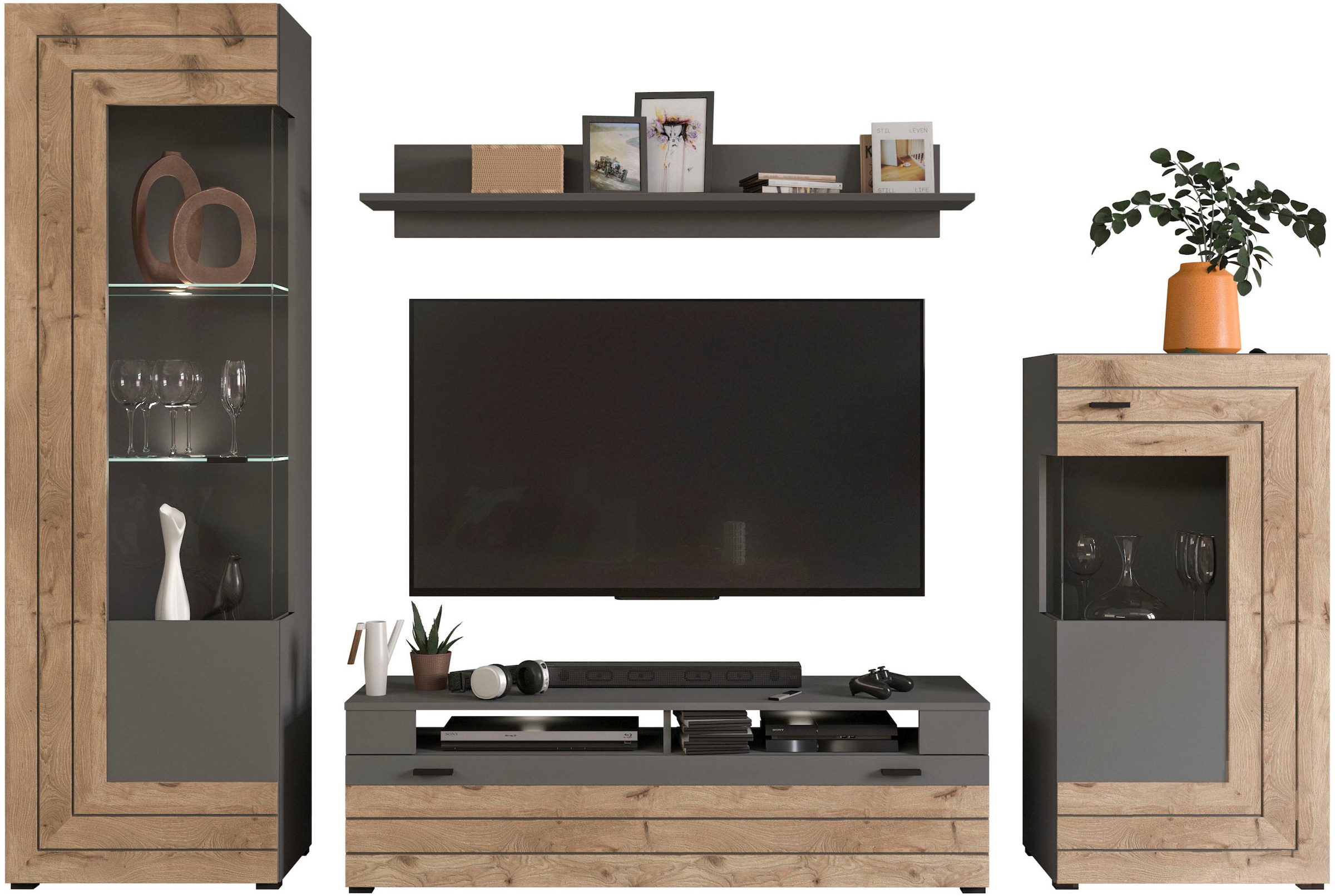 INOSIGN Wohnwand »Aalborg, Breite 290cm, 2-farbig,Metallgriffe, 4-teilig, bestehend aus:«, (4 St.), 1x Vitrine, 1x Lowboard, 1x Wandboard und 1x Stauraumschrank