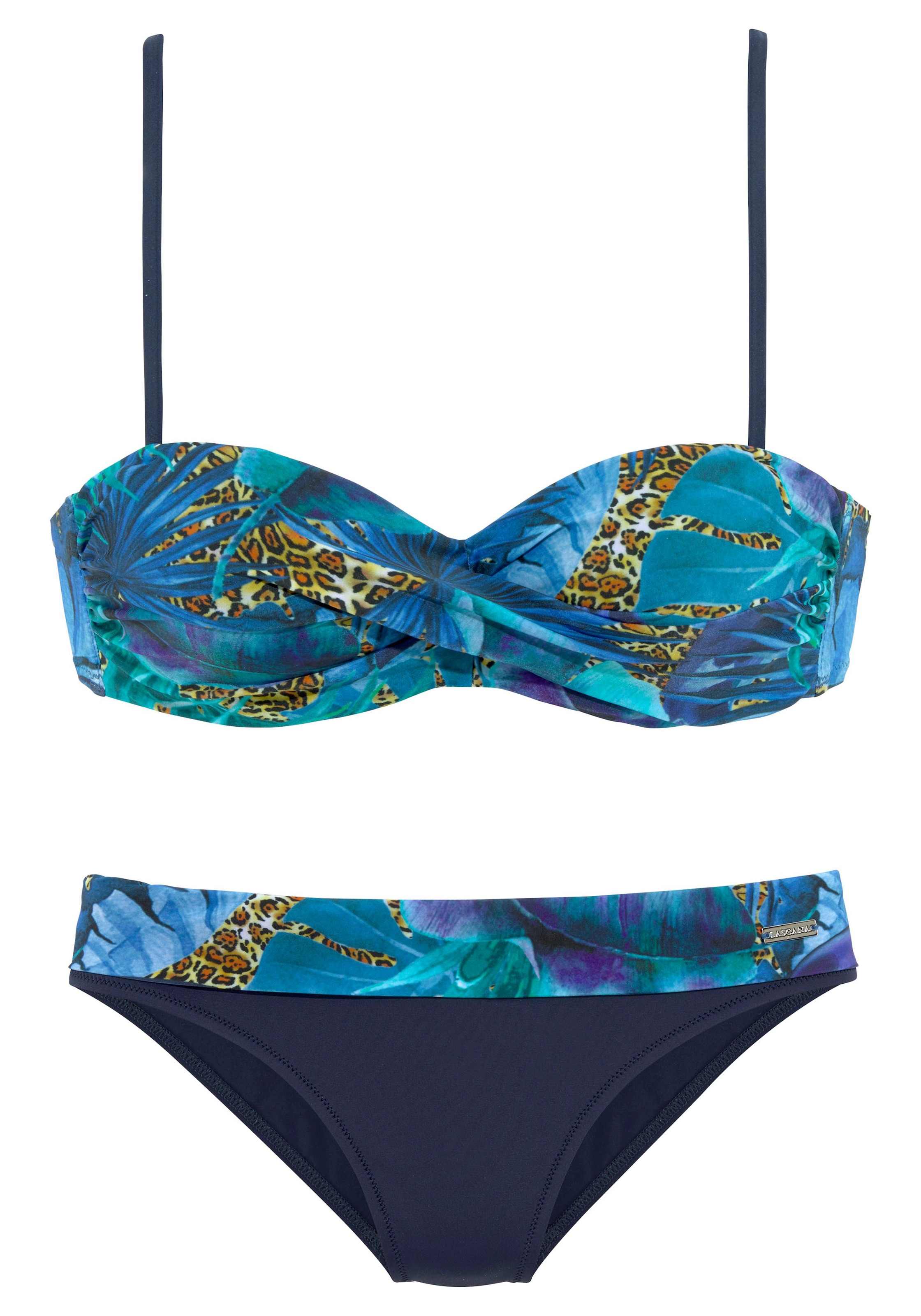 LASCANA, Damen, Bügel-Bandeau-Bikini mit Dschungel-Optik, blau-bedruckt, Cup D, 34 - Cup D, blau-bedruckt, In Dschungel-Optik
