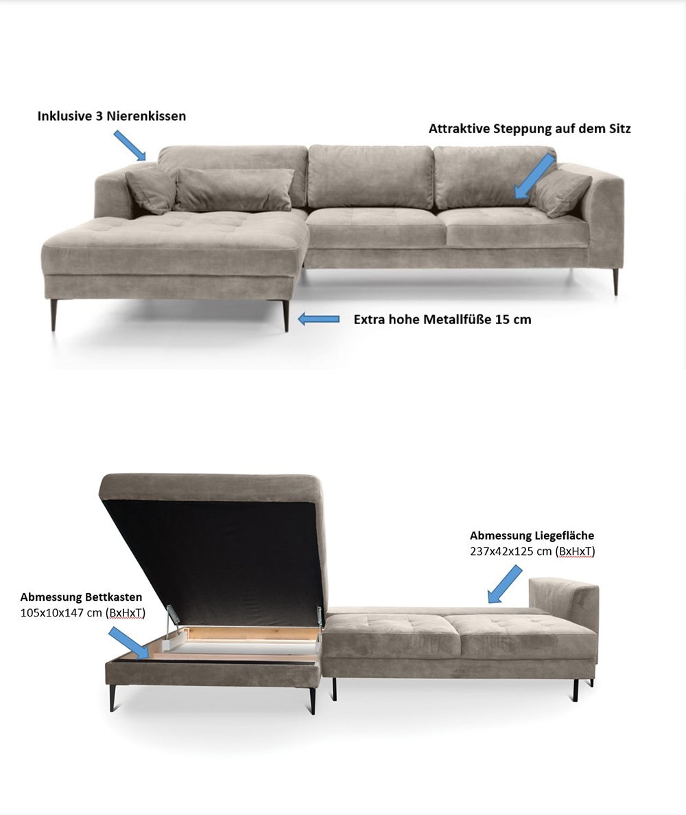 TRENDMANUFAKTUR Ecksofa »Luzi, wahlweise mit Schlaffunktion und Bettkasten bestellbar, L-Form«, Designsofa mit tollem Sitzkomfort, Metallfüße schwarz, Breite 280 cm