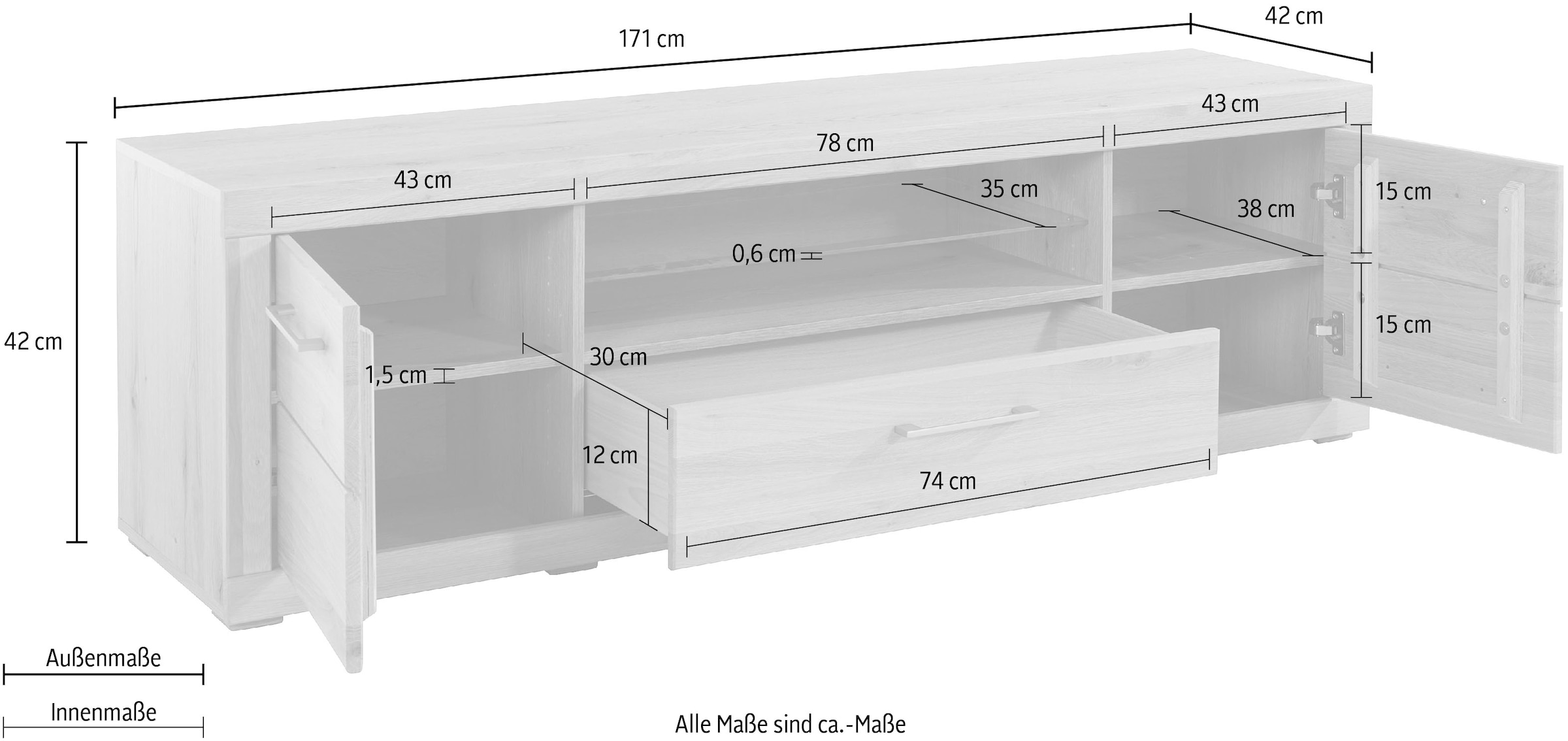 VOGL Möbelfabrik Lowboard »1237«, Massivholzfront, Breite ca. 171 cm, mit Softclose Funktion