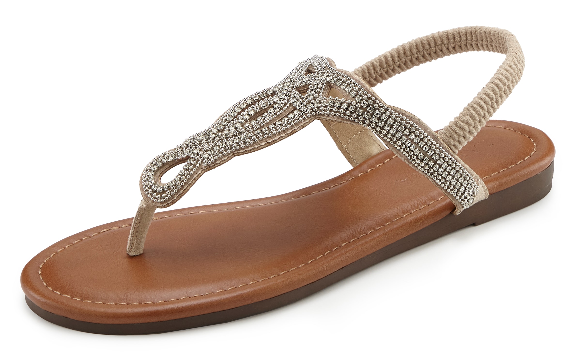 LASCANA Zehentrenner »Sommerschuh, offener Schuh,«  Sandale, Pantolette mit Schmucksteinen in Glitzer-Optik VEGAN