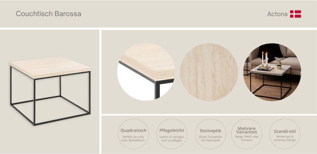 ACTONA GROUP Couchtisch »Barossa, Wohnzimmer-Tisch, quadratisch, in Steinoptik, Modern«, Steinoptik, schwarze Stahlbeine, in mehreren Varianten, B: 60 cm
