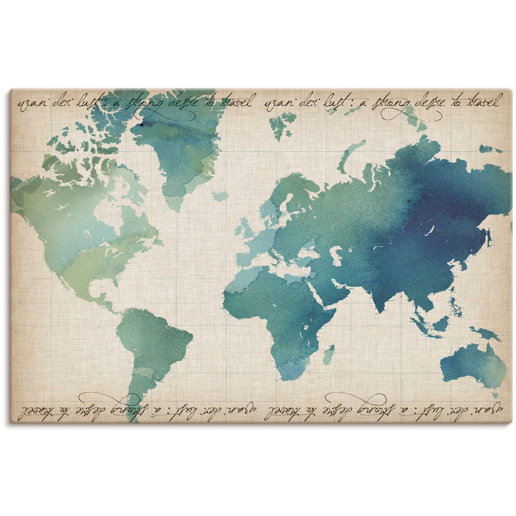 Artland Leinwandbild »Wasserfarben Weltkarte«, Landkarten, (1 St.)