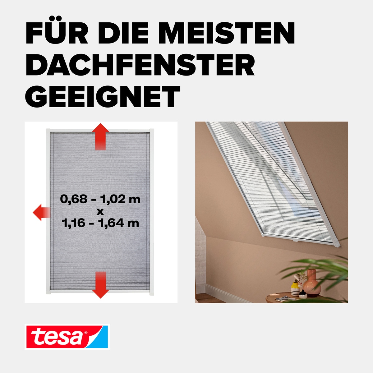tesa Insektenschutz-Fensterrahmen »Insect Stop Alu-Insektenschutzrollo teleskopierbar - 1,3 x 1,5 m«, speziell für Dachfenster - Insektenschutz Plissee - ohne Bohren, weiß