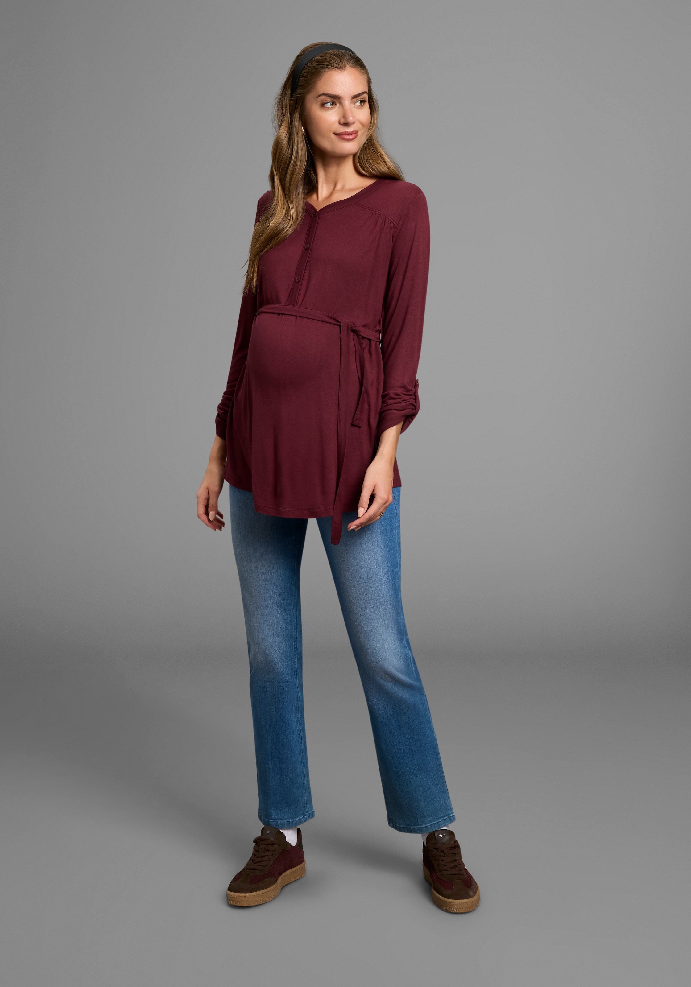 Neun Monate Umstandsshirt »Jersey-Bluse mit Bindegürtel«, Viskose Umstands-Bluse praktisch für Schwangerschaft und danach