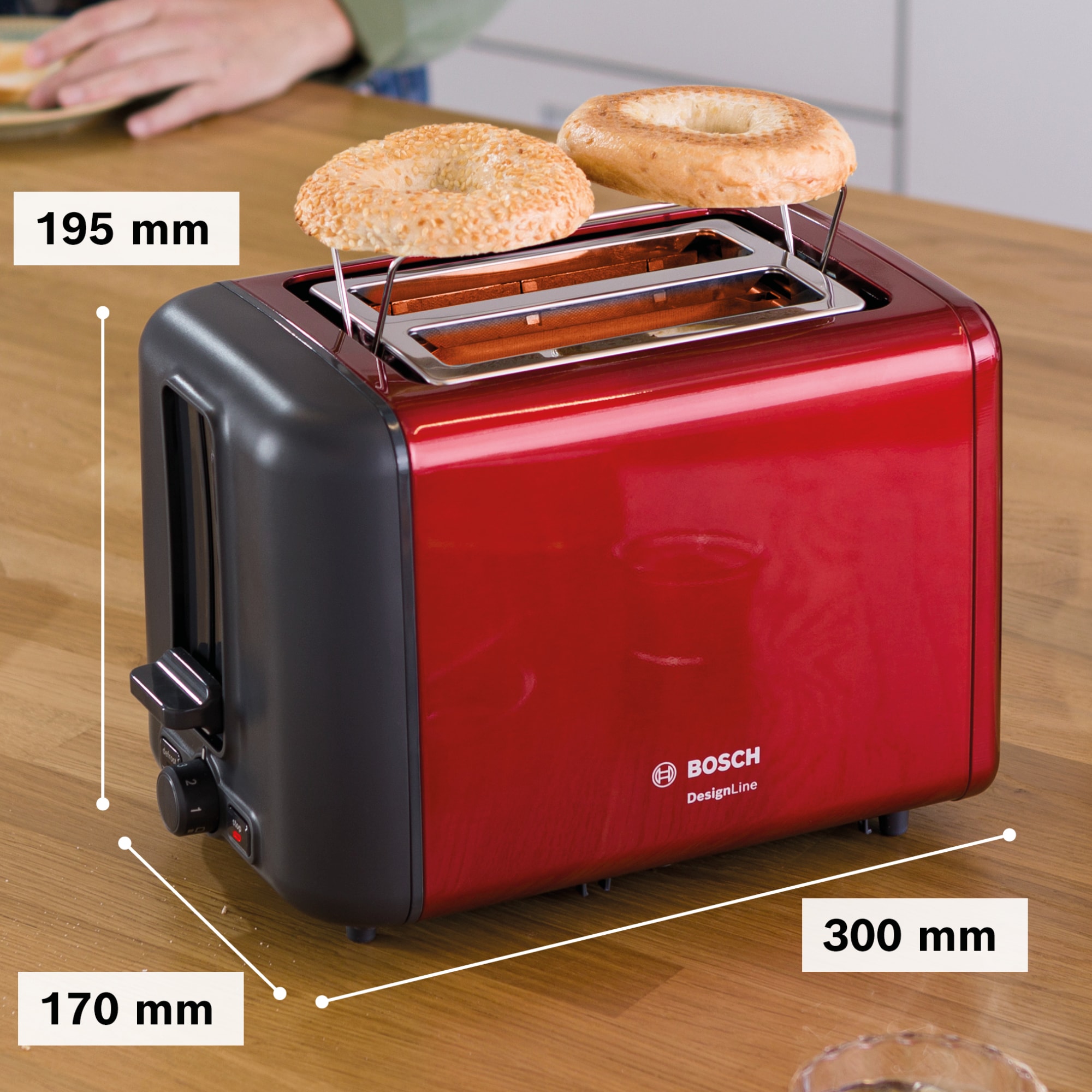 BOSCH Toaster »DesignLine TAT3P424DE, Integrierter Edelstahl-Brötchenaufsatz« 2 kurze Schlitze 820 W Abschaltautomatik, Auftaufunktion, Liftfunktion, Breit, rot