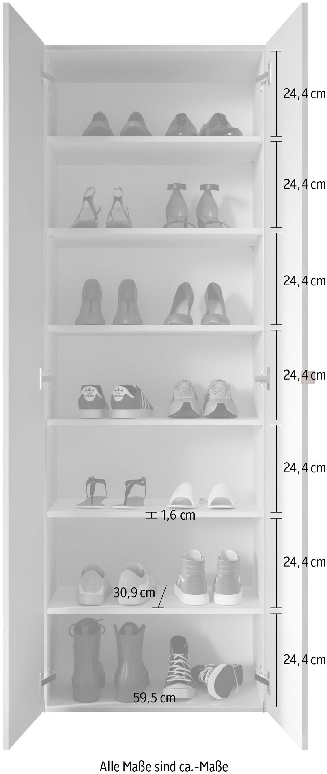 INOSIGN Schuhschrank »SMILE Breite 63 cm, Höhe 184 cm, Schuhregal mit 7 Ebenen,«, Schuhkommode in Weiss Hochglanz Lack