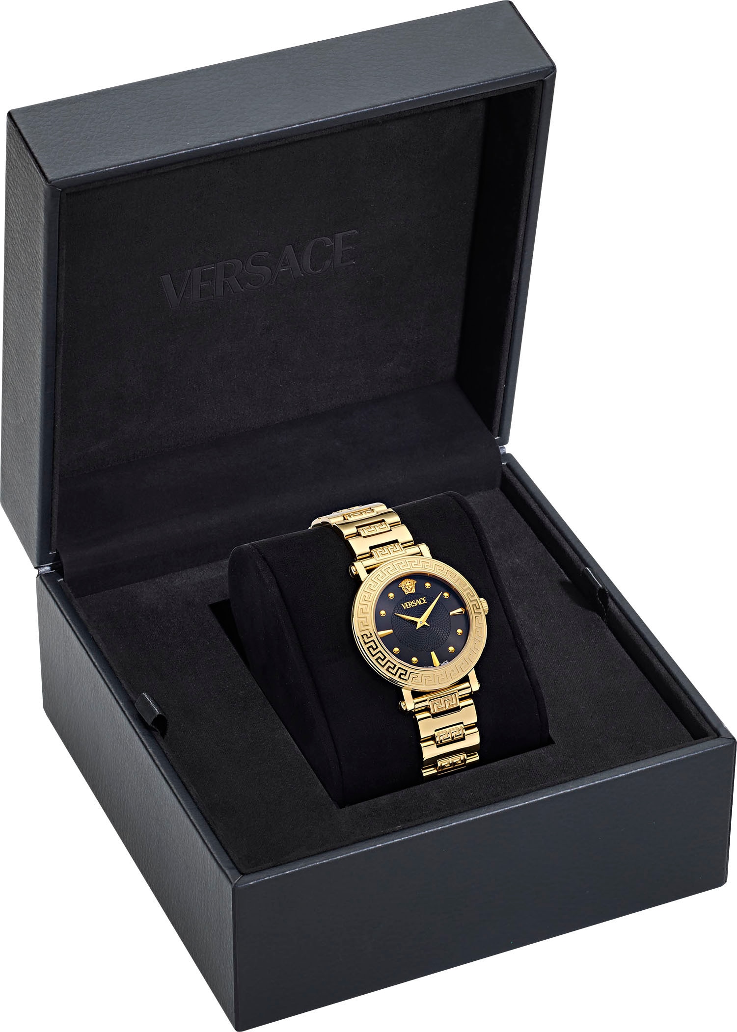 Versace Quarzuhr »GRECA SPHERE«, Armbanduhr, Damenuhr, Swiss Made, Saphirglas, Edelstahlarmband, analog