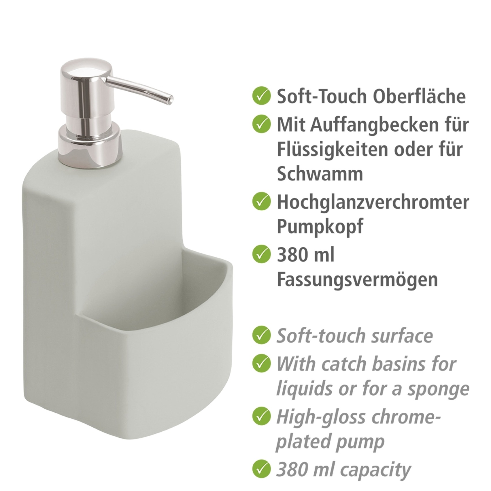 WENKO Spülmittelspender »Modell Festival« aus Keramik, Soft-Touch Beschichtung, mit Spülschwamm-Fach, 380 ml