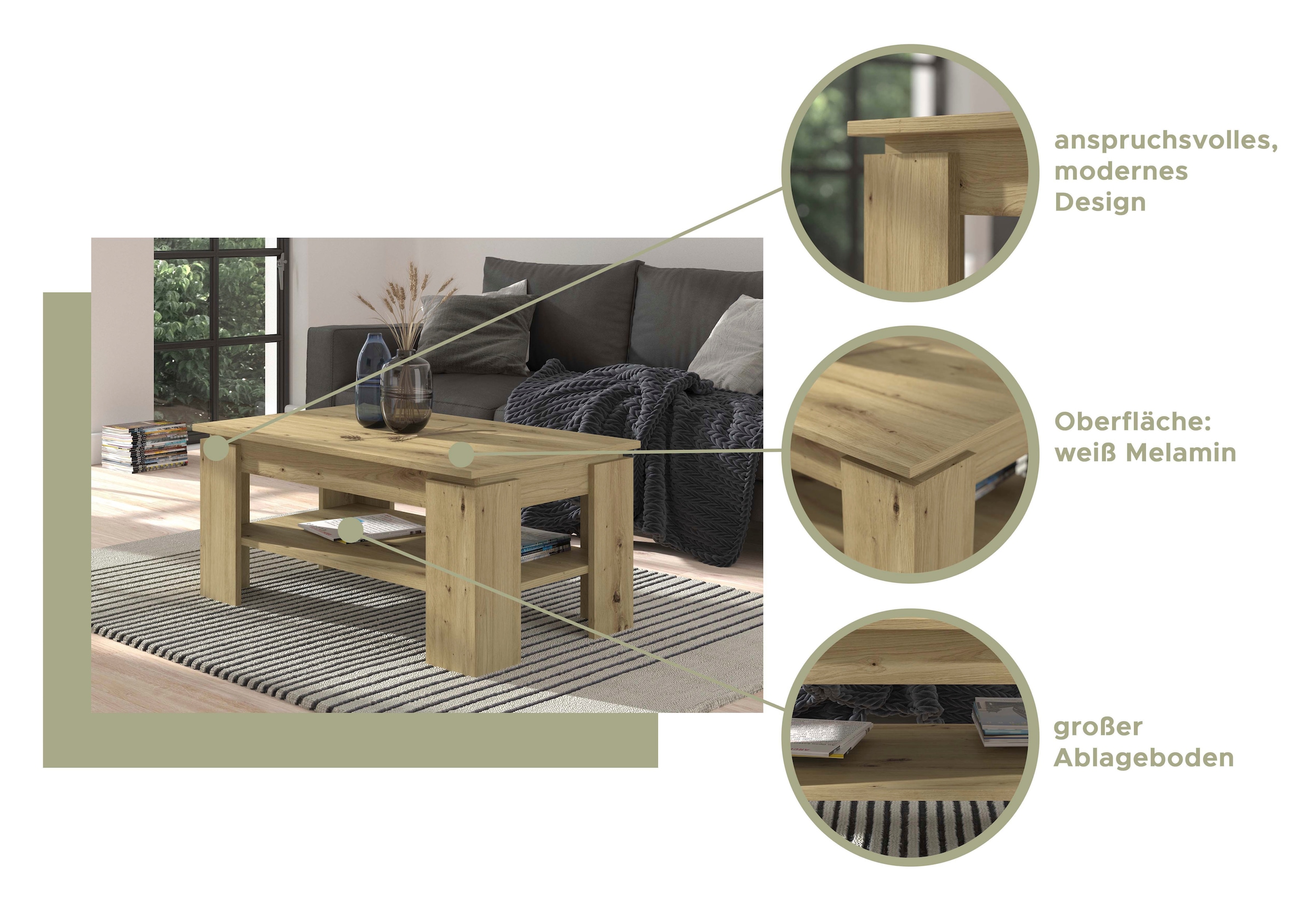 INOSIGN Couchtisch »Kalmar, rechteckig, 100 x 60 cm, 1 Ablageboden«, Sofatisch, Beistelltisch, Kaffetisch, Wohnzimmertisch, coffee table