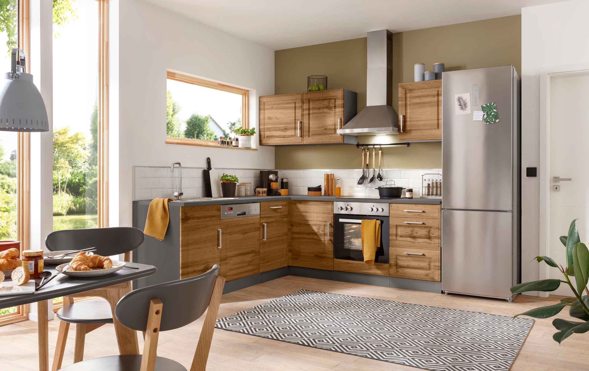 KOCHSTATION Winkelküche »KS-Stockholm«, Stellbreite 220/220 cm, mit hochwertigen MDF Fronten im Landhaus-Stil