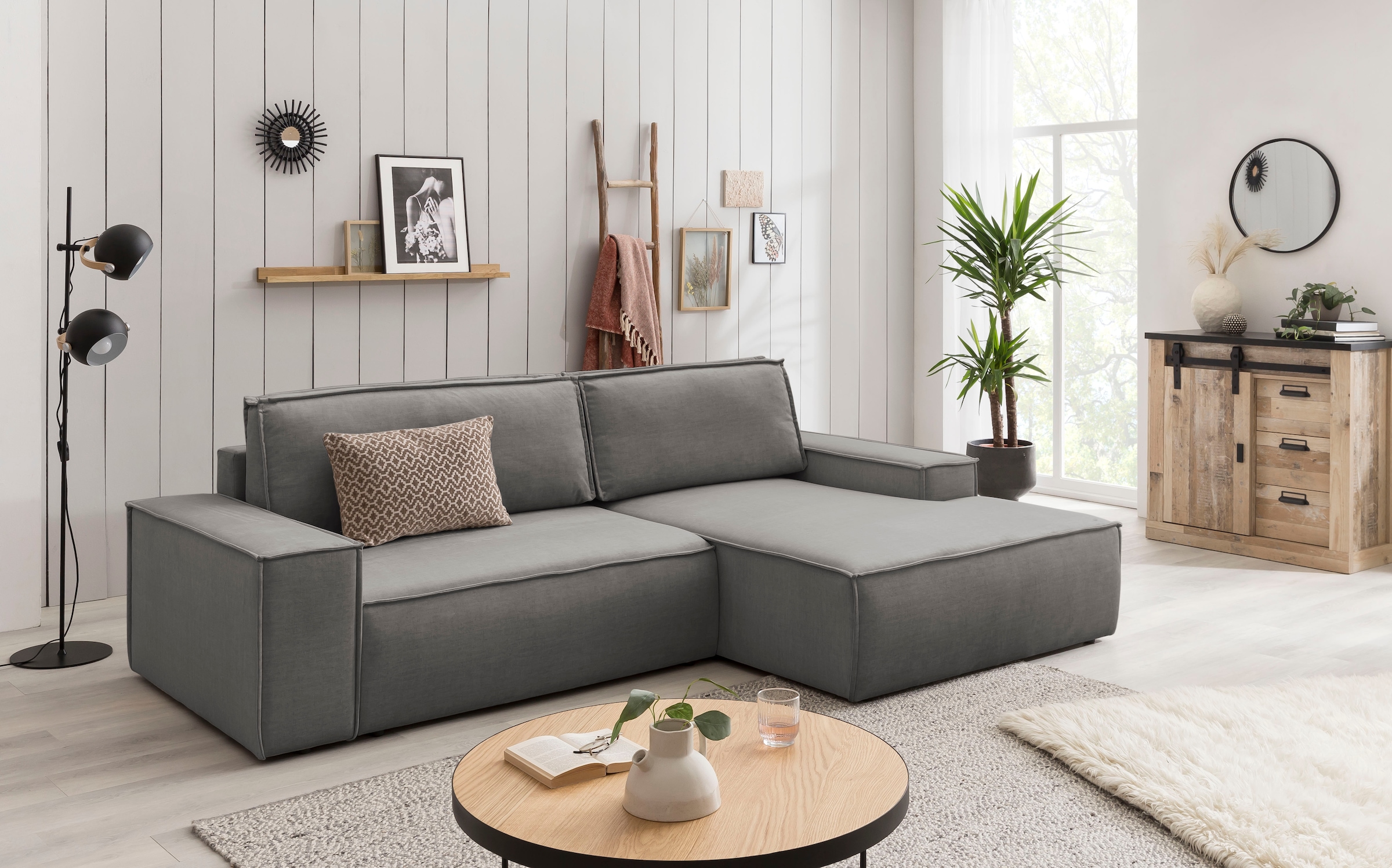 Home affaire Ecksofa SHERWOOD Schlafsofa 267 cm, L-Form, Schlaffunktion mit Bettkasten (210x136 cm), Cord, Vintage, Samtvelours