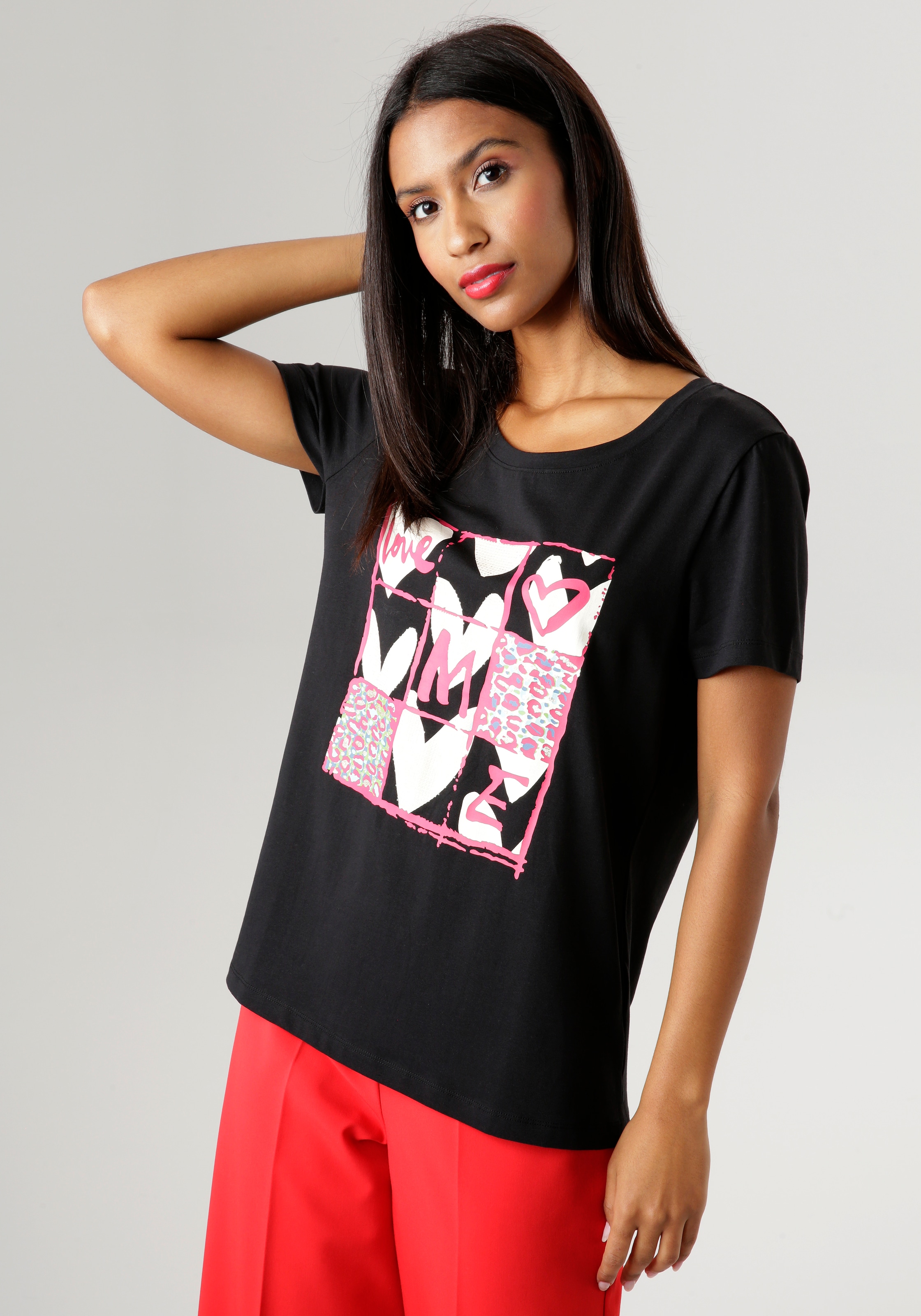 T-Shirt, mit Herzdruck, Animal-Print und Glitzerdetails