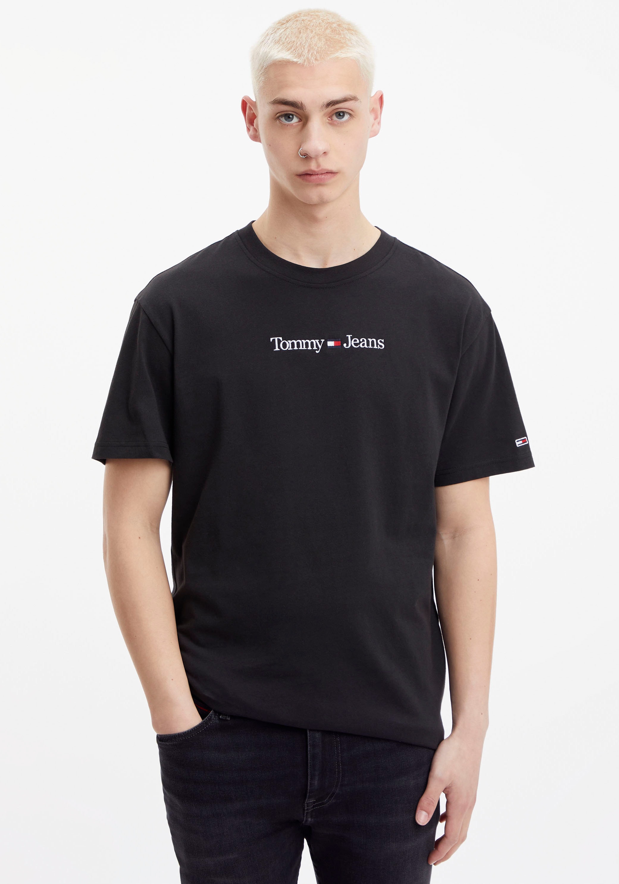 Tommy Jeans TEE«, ♕ bei mit T-Shirt CLASSIC LINEAR »TJM LOGO Logostickerei