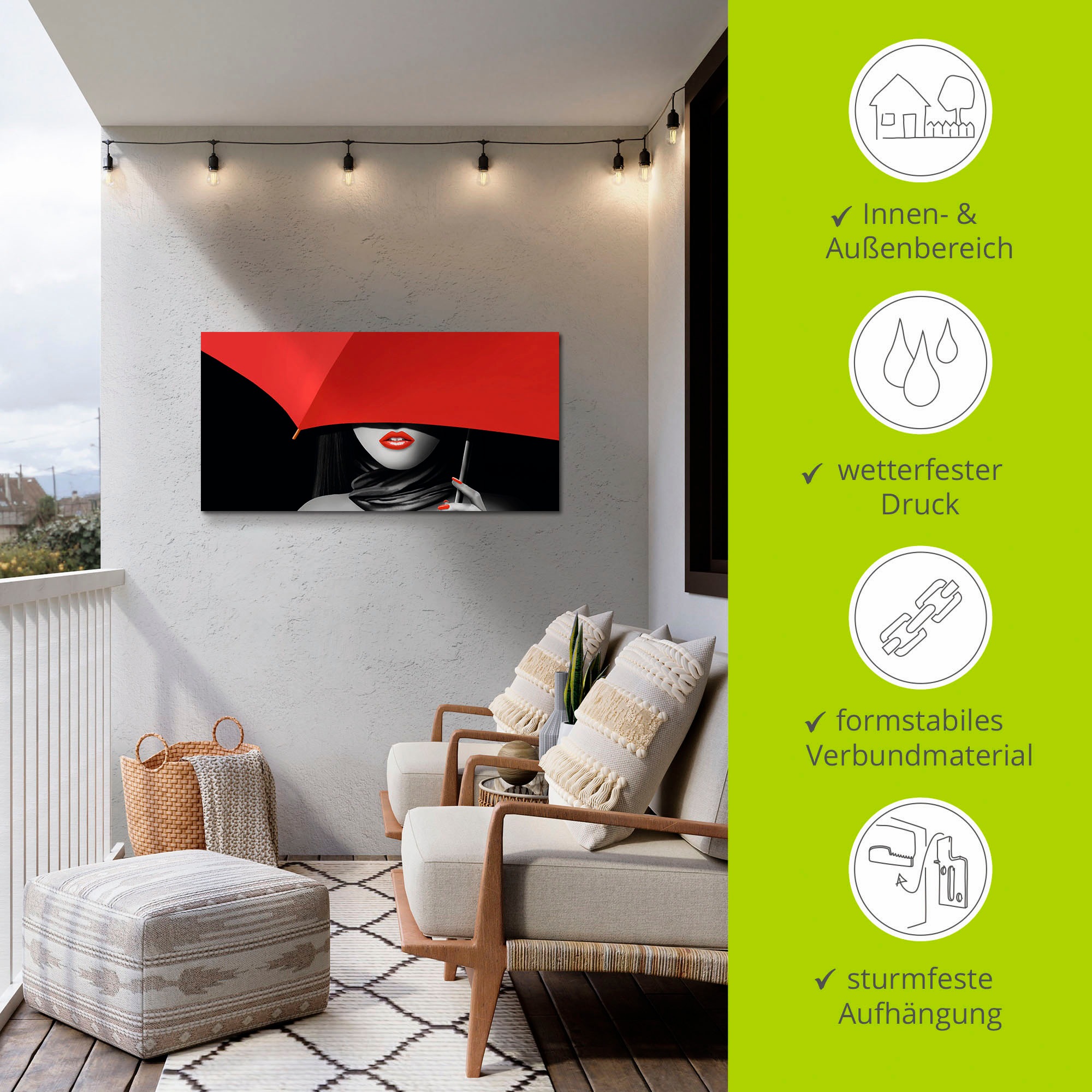 Artland Wandbild »Rote Lippen unter dem Regenschirm«, Frau, (1 St.), als Alubild, Outdoorbild, Poster, Wandaufkleber in verschied. Größen