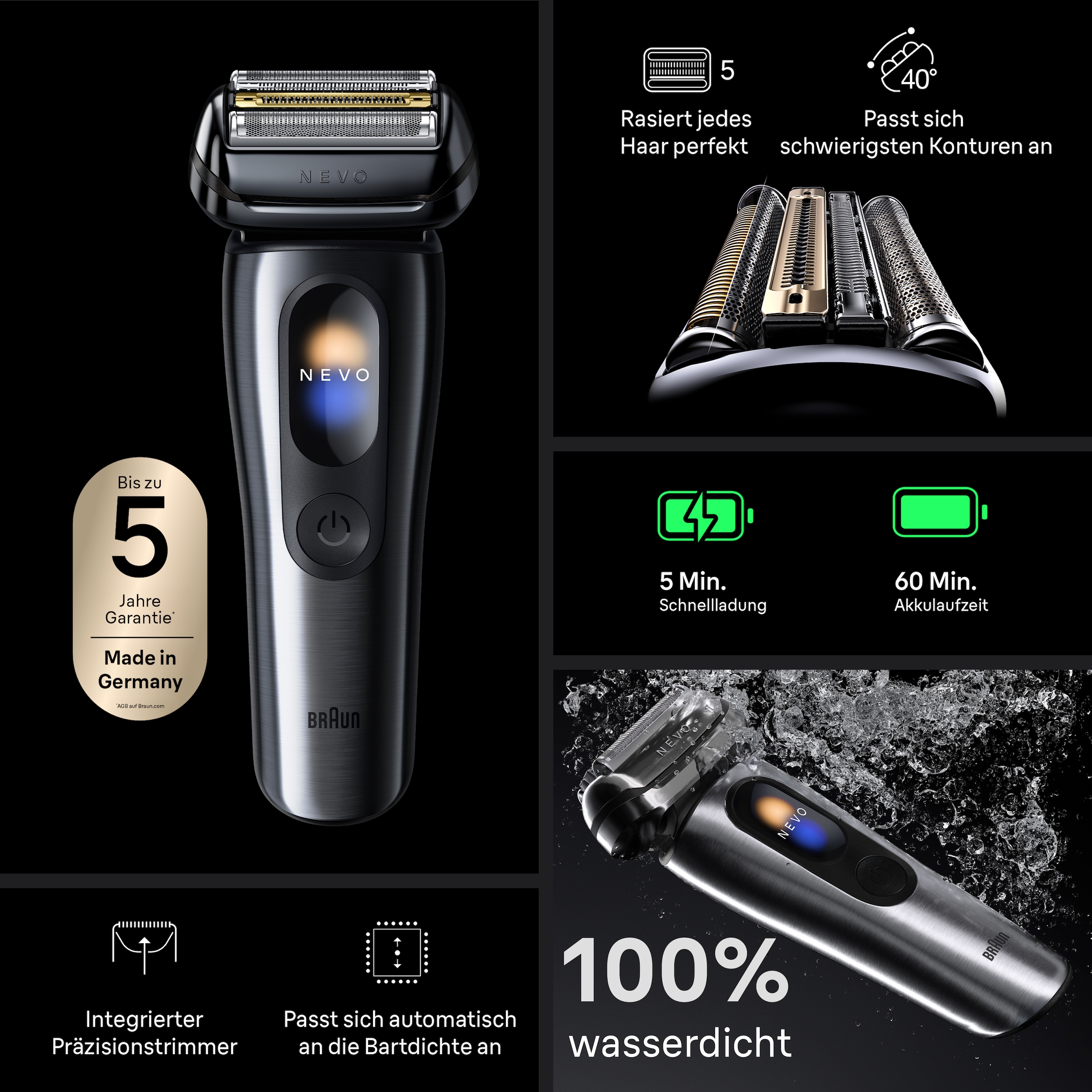 Braun Elektrorasierer »NEVO 17000cc« SmartClean-Plus-Reinigungsstation integrierter Präzisionstrimmer AeroTouch, Smart Display, 7-in-1 Care System, Lade-Reiseetui, Silber