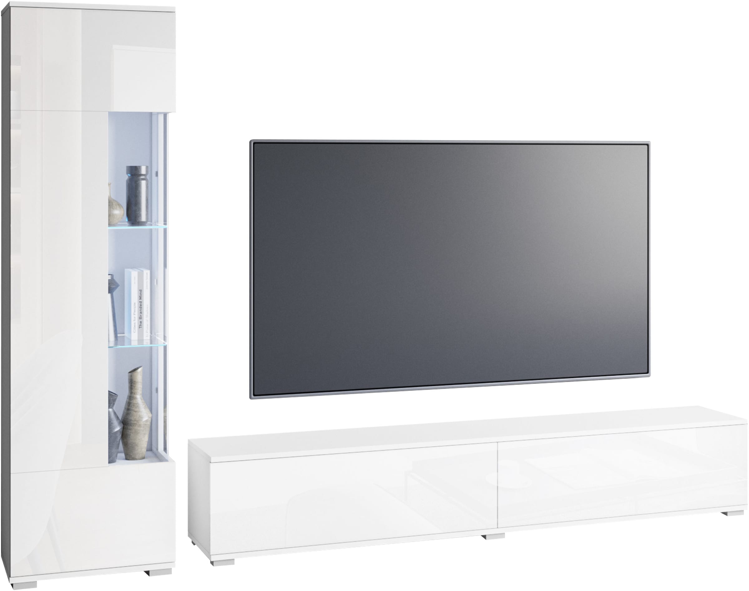 INOSIGN Wohnwand »Kenia, Vitrine Türanschlag links/rechts wechselbar«, (Komplett-Set, 2 St.), Vitrine mit Eckverglasung, hängend und stehend montierbar