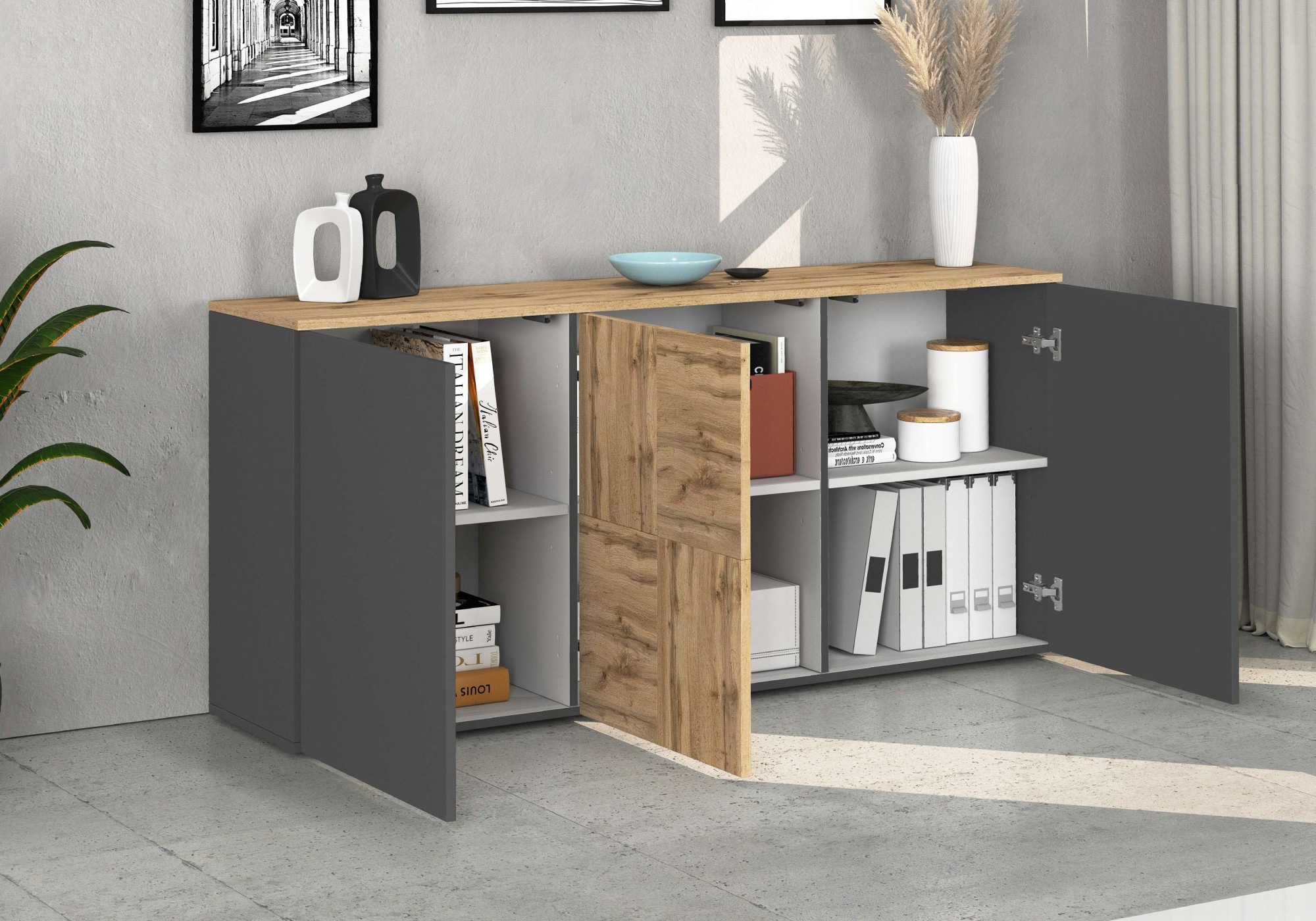 OTTO home Sideboard »ISEO, Kommode, Schrank, Sideboard, Lowboard, 6 Fächer, Breite 150 cm« 1 Stk. tlg. stehend/hängend, 3 Türen, 6 Fächer, Breite 150 cm