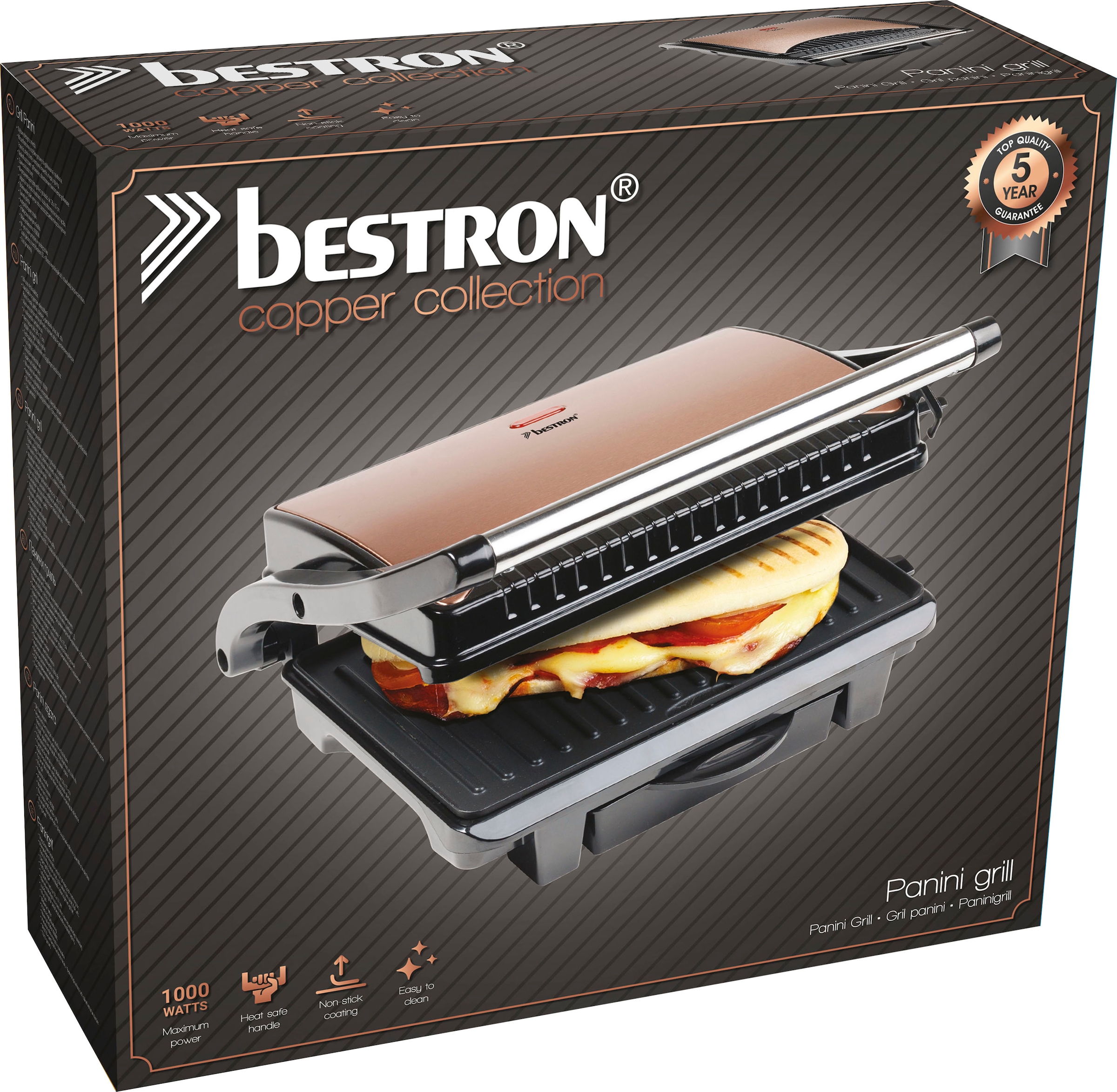 Auffangschale, kaufen 1000 | Garantie auch als XXL 3 mit einsetzbar«, »ASW113CO bestron Kontaktgrill Sandwich-/Panini-Kontaktgrill online mit antihaftbeschichtet, Jahren Kupfer W,