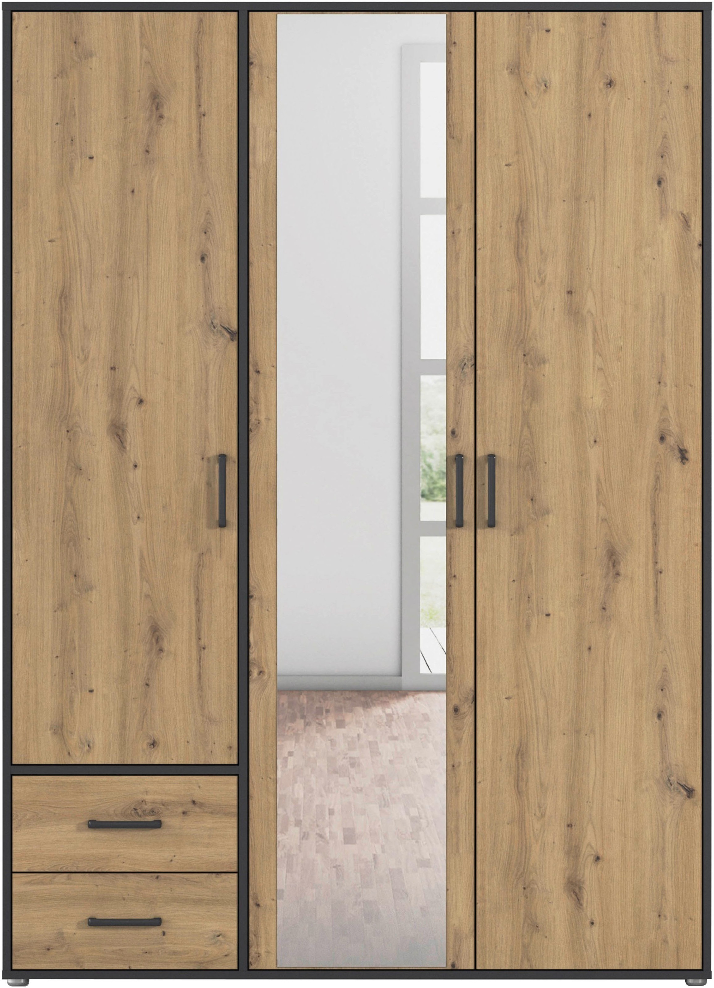 rauch Drehtürenschrank »Kleiderschrank Schrank Garderobe Wäscheschrank VOYAGER«, (in 3 verschiedenen Ausstattungen BASIC/CLASSIC/PREMIUM), mit modernen Griffen in Graumetallic, inkl. Schubkästen und Spiegel