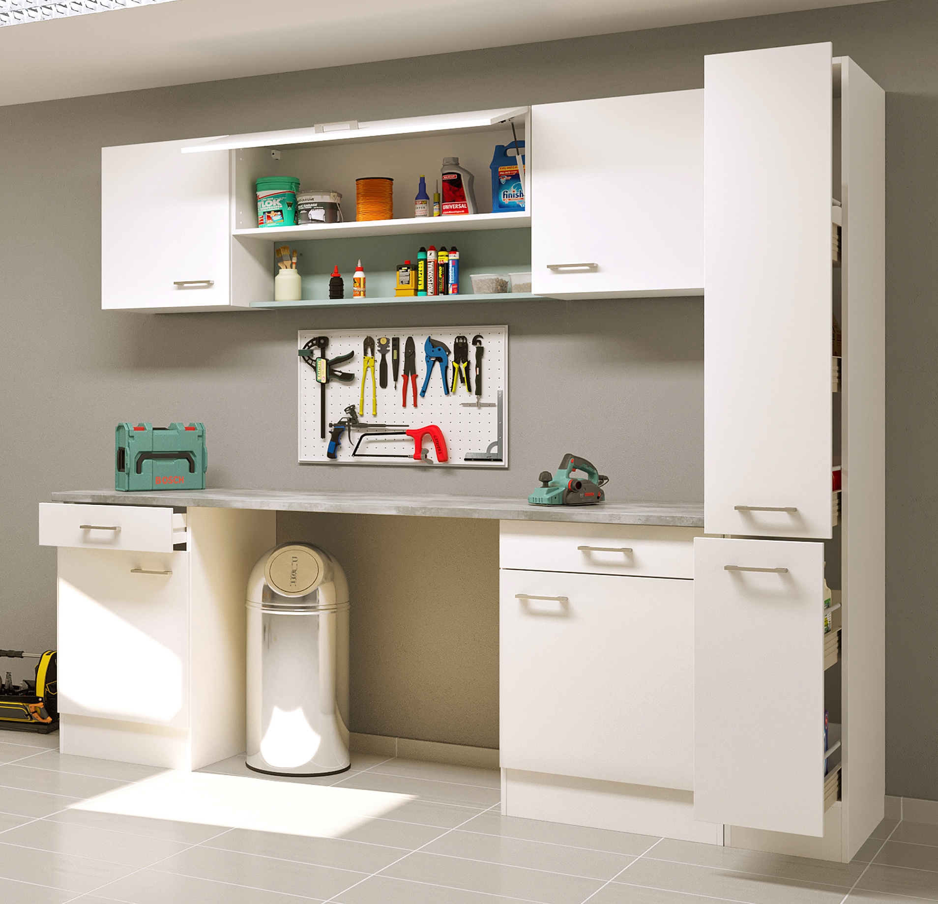 Flex-Well Mehrzweckschrank-Set »LUCCA, 8-teilig, Hauswirtschaft-, Hobby/Werkraum, Küche, Breite 240 cm« Komplett-Set, bestehend aus: 2x Unter-, 3x Ober- und 1x Auszugsschrank, Regal+APL, 8 Stk. tlg.