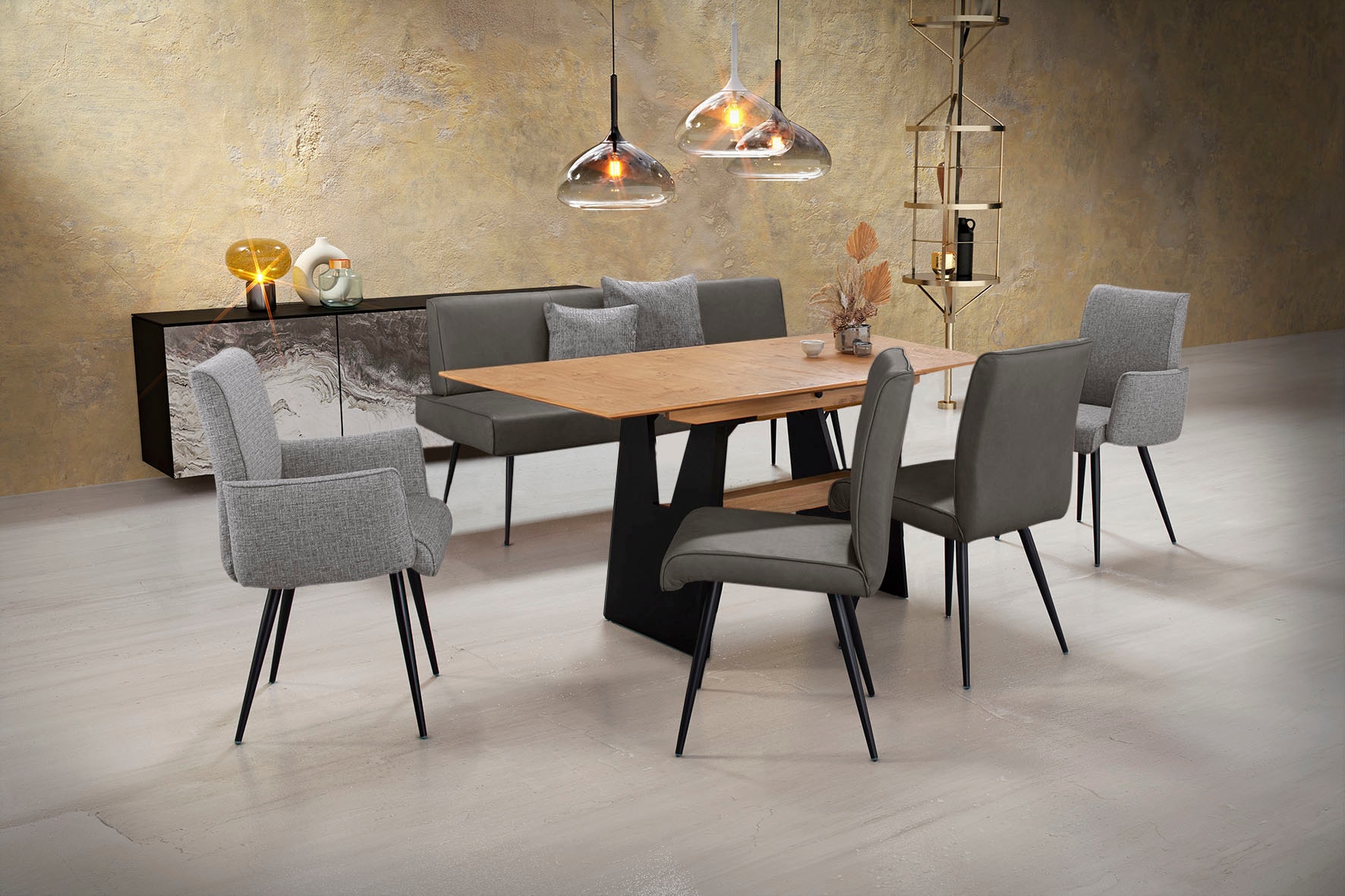 K+W Komfort & Wohnen Essgruppe »Giacomo I« Polsterbank, 2 Stühle und 2 Armlehnenstühle, 6 Stk. tlg. 2 Stühle und Bank, 2 Armlehnenstühle Stoff 775, Tisch 160 oder 180 cm