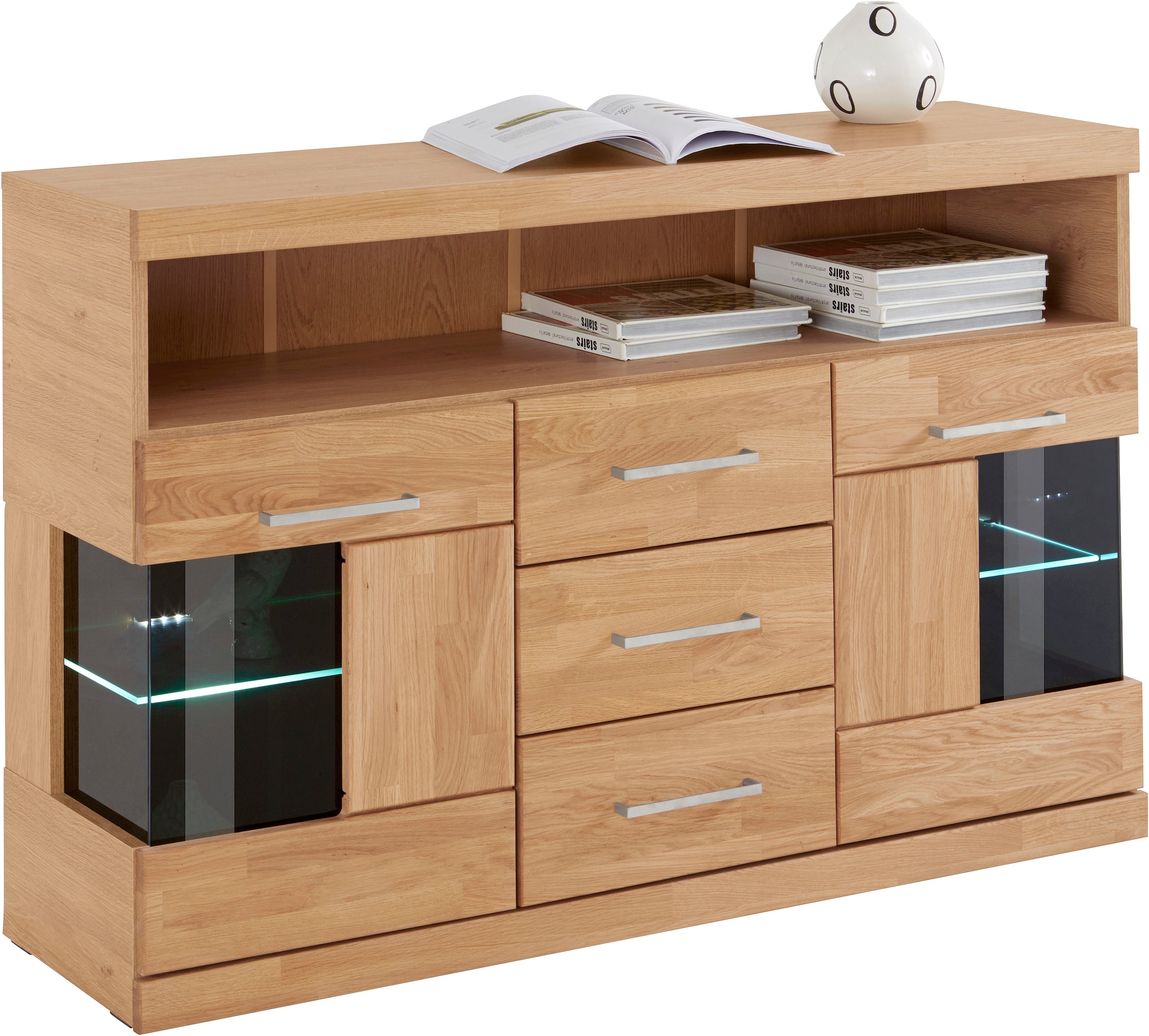 Home affaire Sideboard »Ribe,125cm breit, Fronten Massivholz,5 Fächer,Böden versetzbar«, Korpus Holzwerkstoff,Türen mit Glaseinsatz,3 Schubladen,Metallgriffe