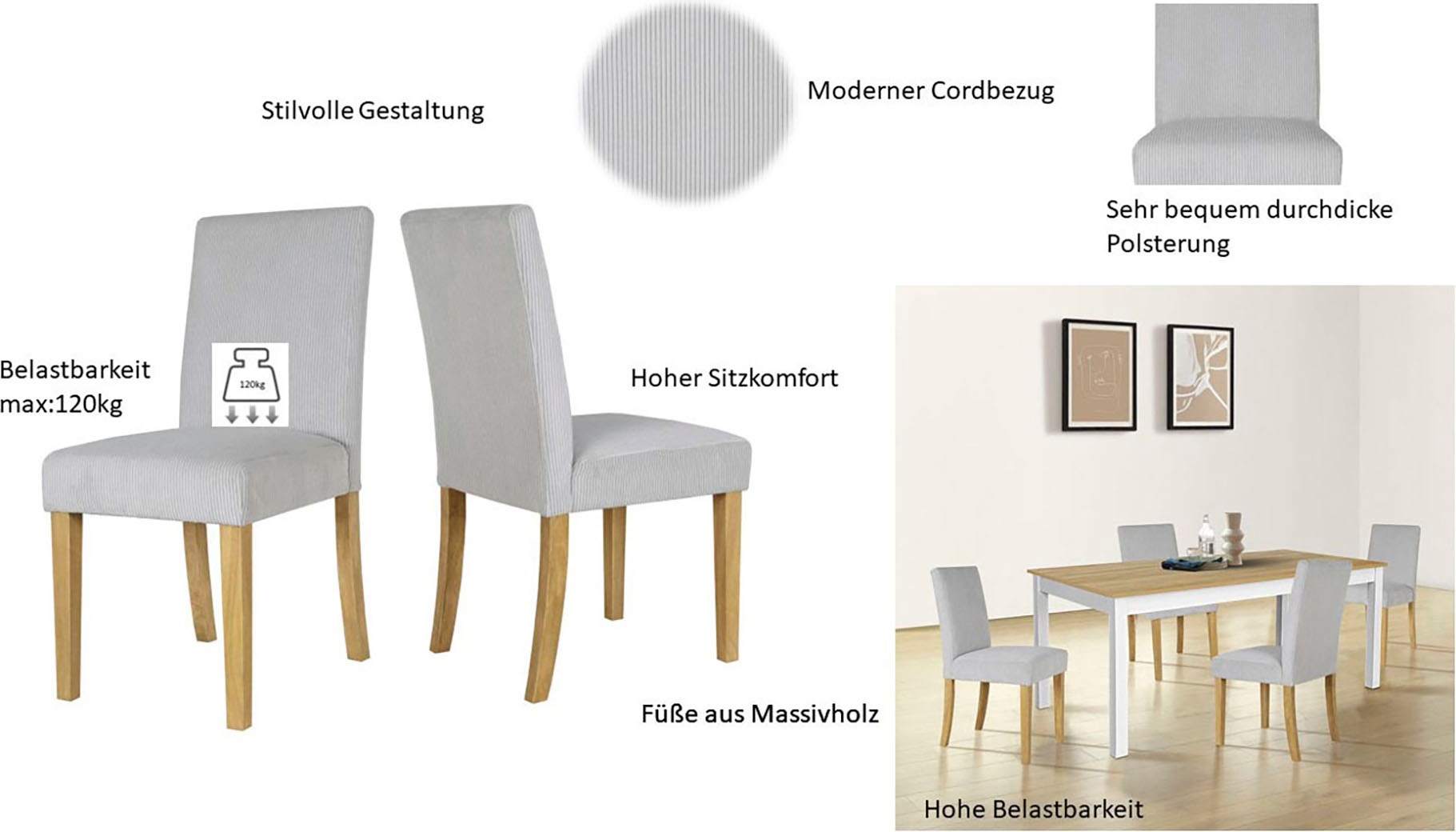 Home affaire Esszimmerstuhl »Winikon, TOPSELLER!«, (Set), 4 St., Cord, Massivholzgestell, moderner Cordbezug, bequem gepolstert