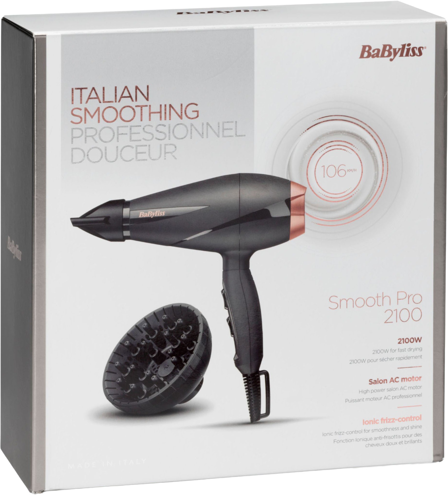BaByliss Ionic-Haartrockner »BaByliss Smooth Pro 2100 Haartrockner, 6709DE« 2.100 W 2 Aufsätze 2100W,  Fön mit Ionen-Technologie, Föhn  mit Diffusor für Locken