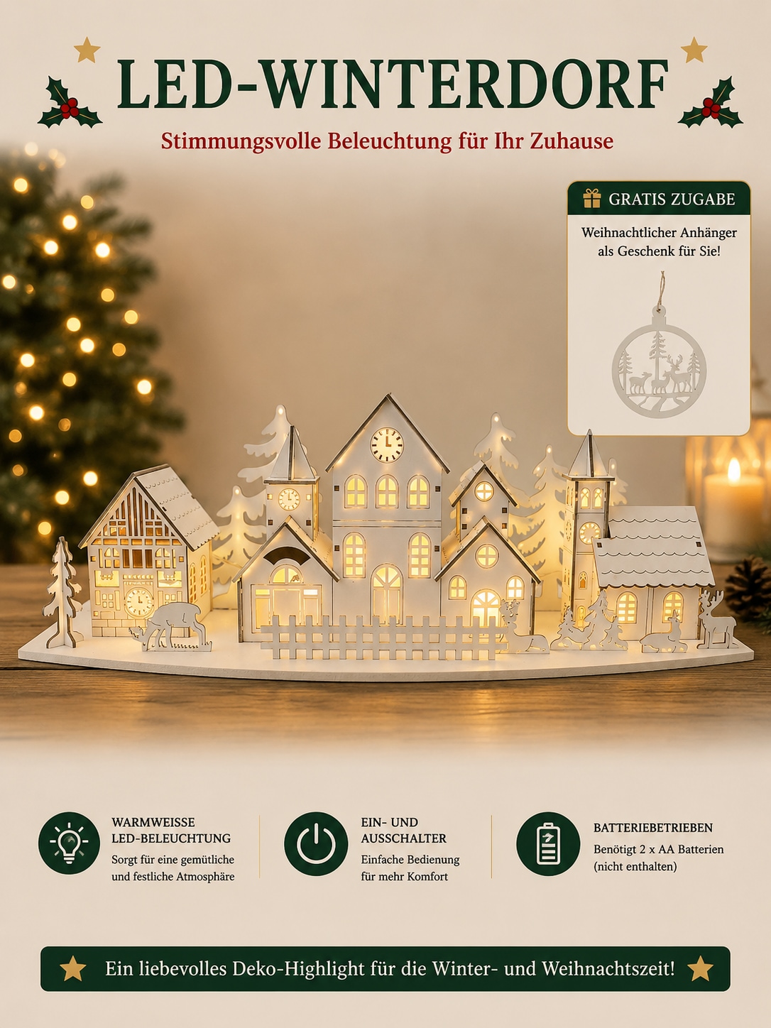 OTTO home Weihnachtsdorf »Weihnachtsszene mit LED« kabellos, aus Holz