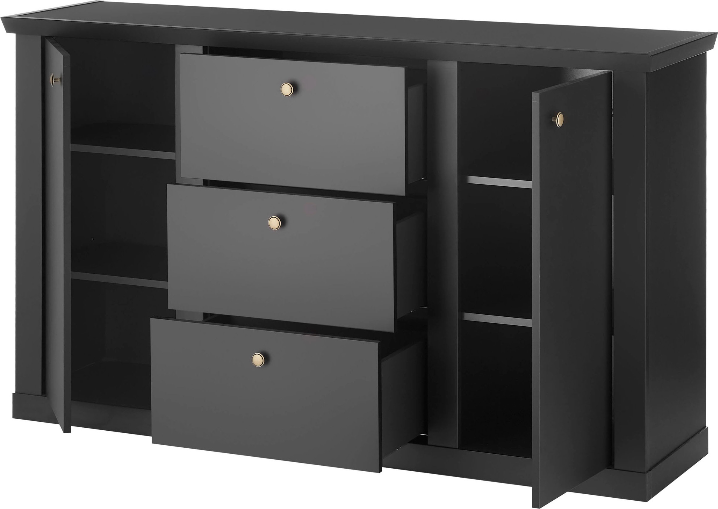Home affaire Sideboard »Lincoln, moderner Schrank, schwarze Kommode, 158 cm breit« edles Design, messingfarbene Knopfgriffe, in 2 Größen verfügbar