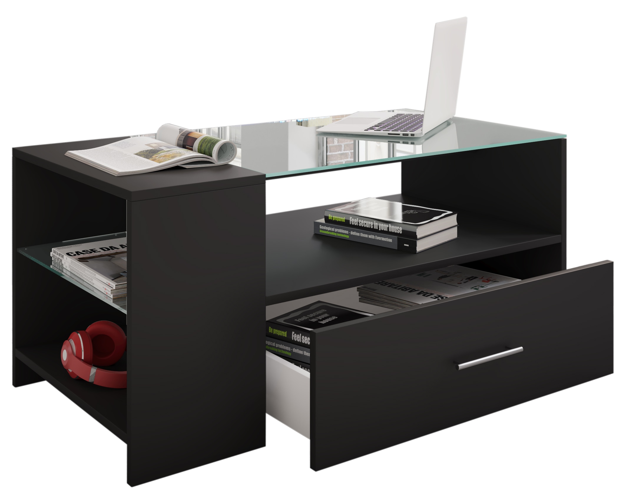VCM Couchtisch "Holz Sofatisch Couchtisch Schublade Glas Tindala" 1 Stk. tlg.