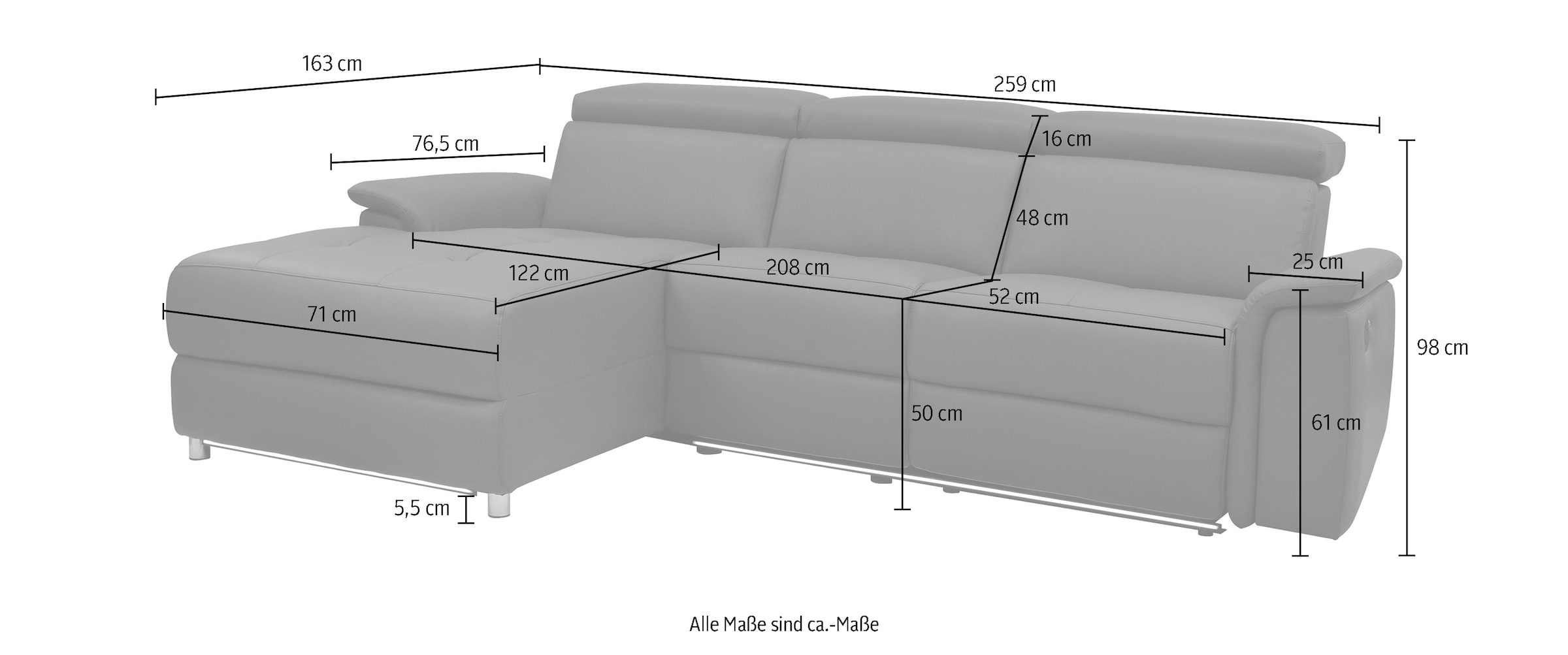 Places of Style Ecksofa »Pareli, L-Form, 259cm,m. Recamiere, Echtleder, Kunstleder, Webstoff«, man. o. elektr. Relaxfunktion, USB/Kopfteilverstellg u. LED